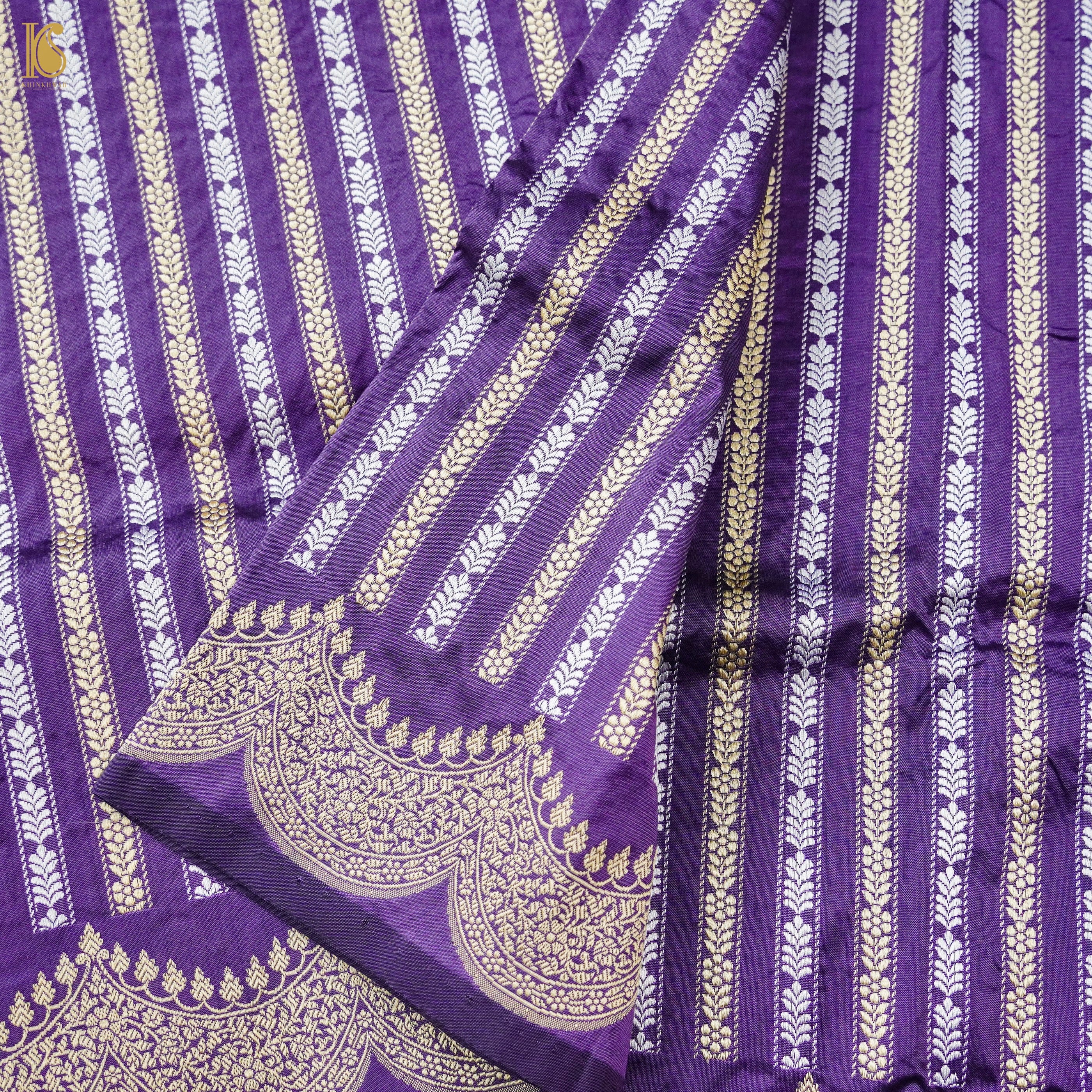 Purple Handloom Banarasi Pure Katan Silk Stripes Scalloped Saree