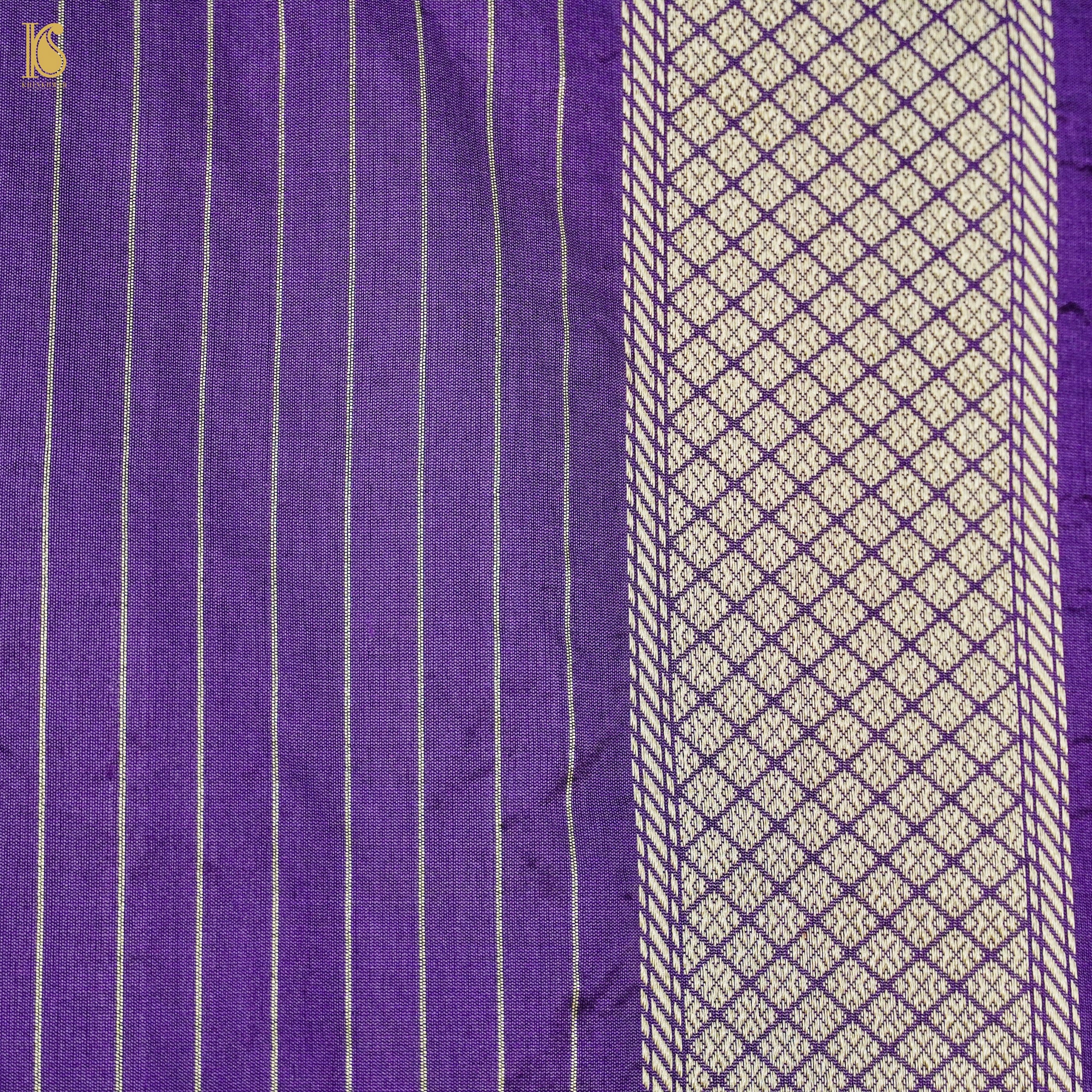 Purple Handloom Banarasi Pure Katan Silk Stripes Scalloped Saree