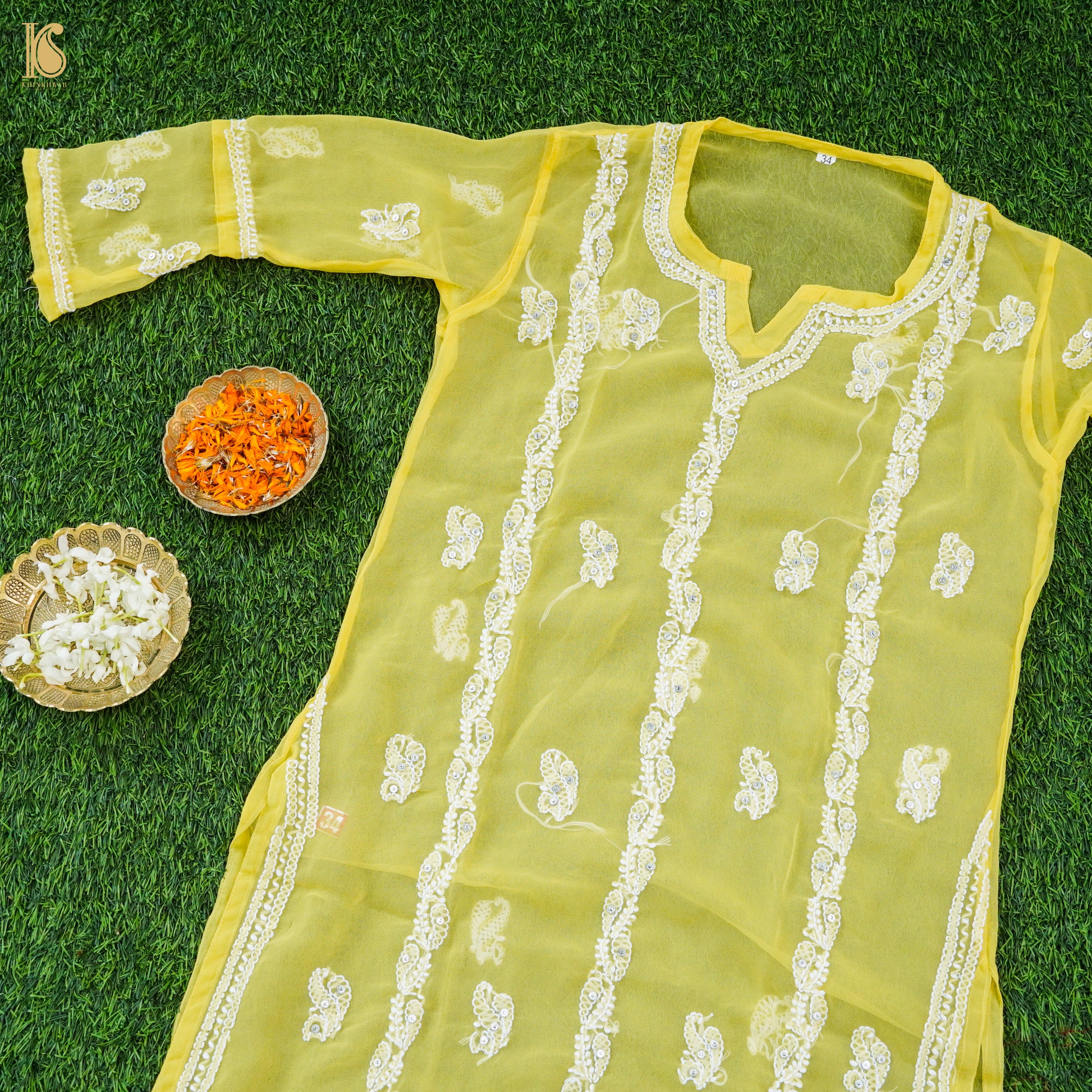 Yellow Georgette Chikankari Stitched Kids Kurta Set