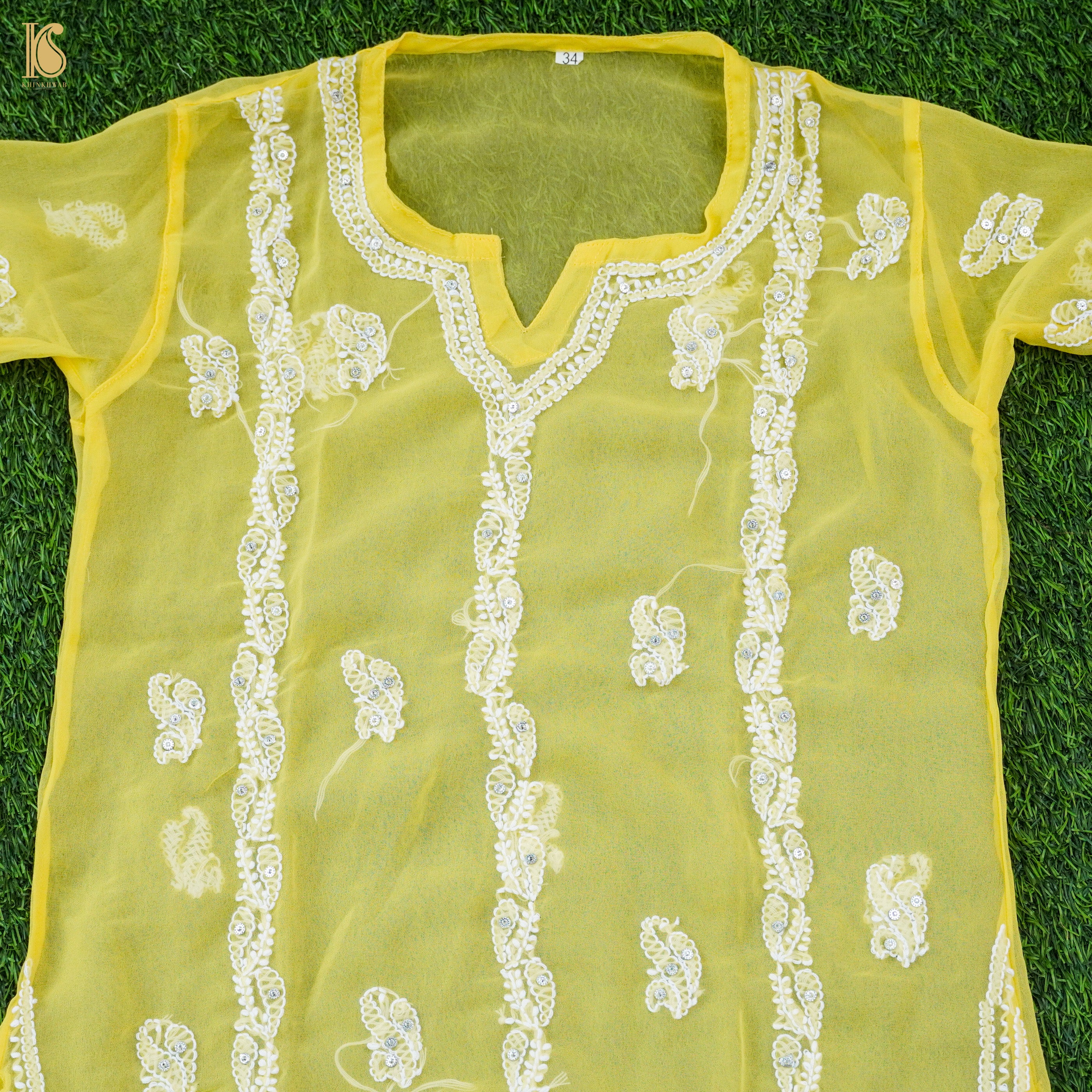 Yellow Georgette Chikankari Stitched Kids Kurta Set