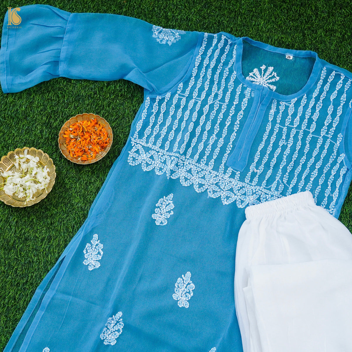 Blue Georgette Chikankari Stitched Kids Kurta Set - Khinkhwab