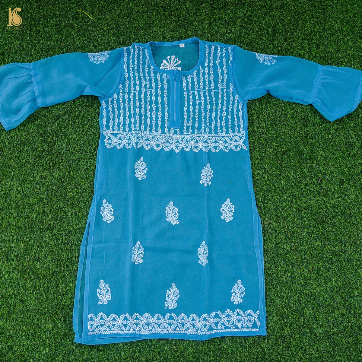 Blue Georgette Chikankari Stitched Kids Kurta Set - Khinkhwab