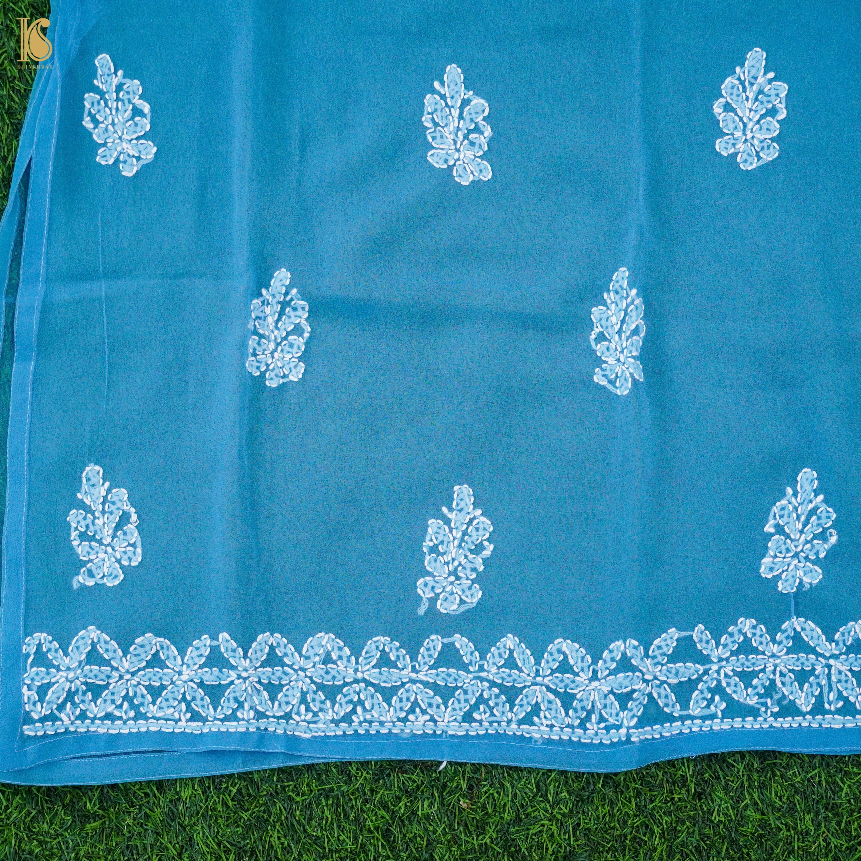 Blue Georgette Chikankari Stitched Kids Kurta Set