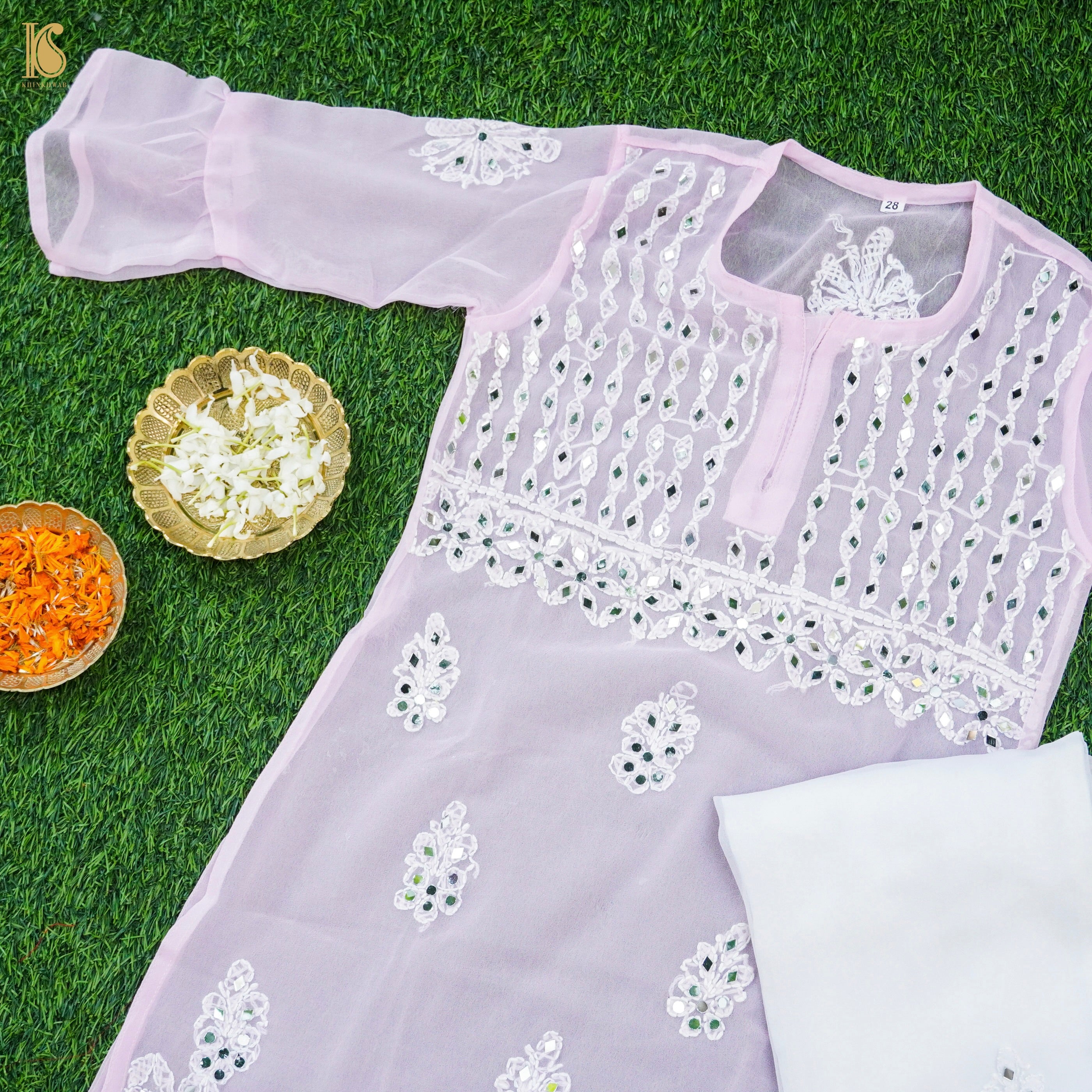 Pink Georgette Chikankari with MirrorWork Stitched Kids Kurta Set