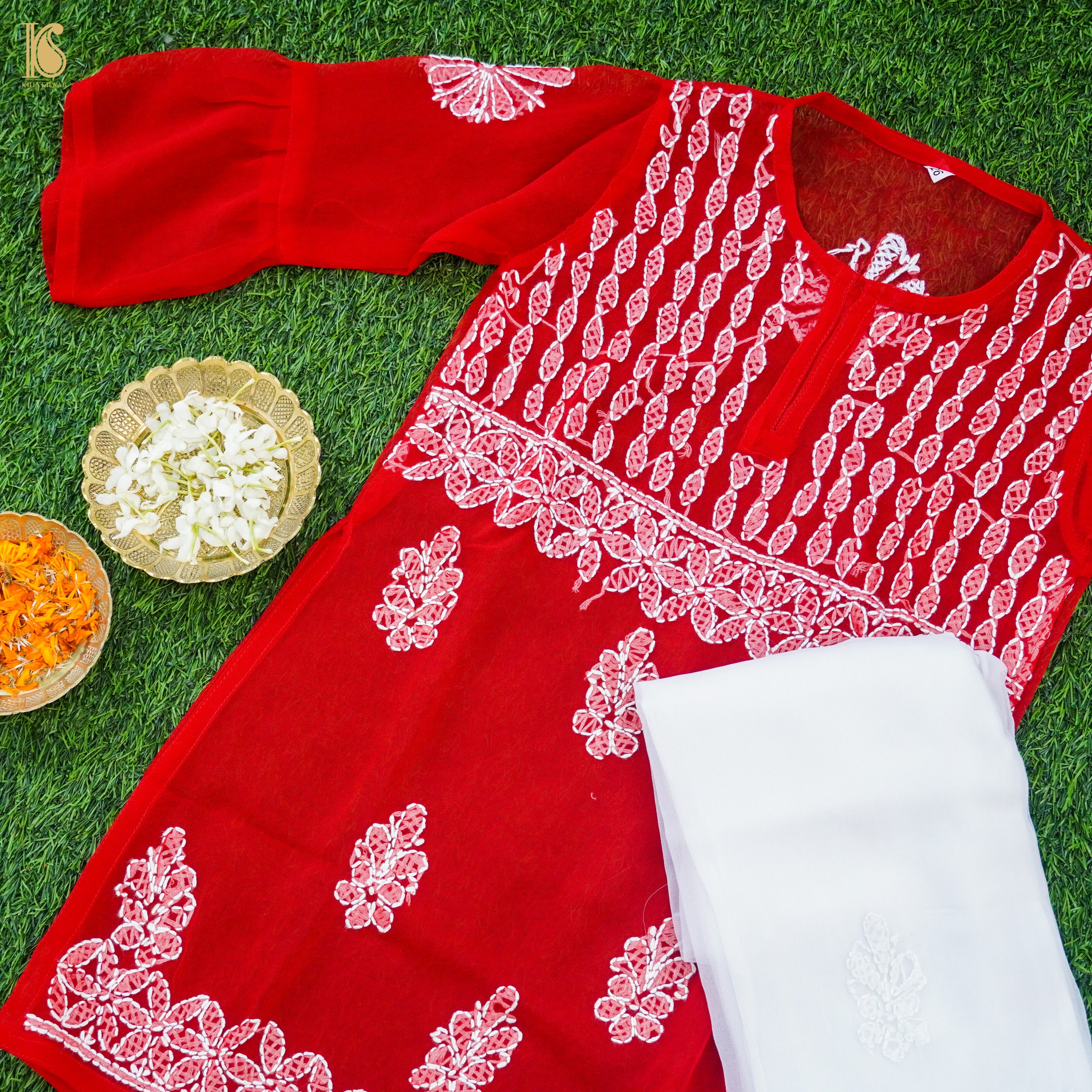 Red Georgette Chikankari Stitched Kids Kurta Set