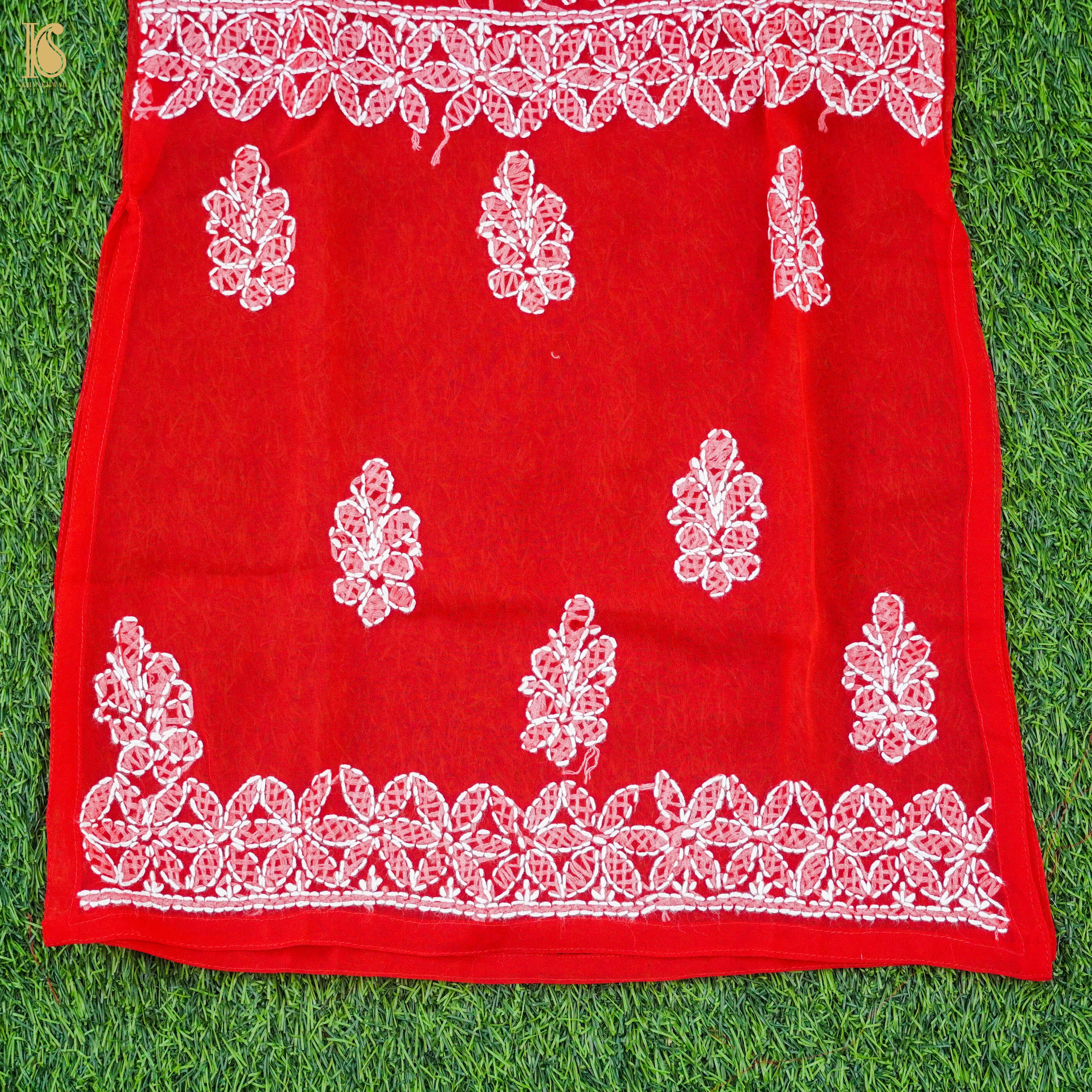 Red Georgette Chikankari Stitched Kids Kurta Set
