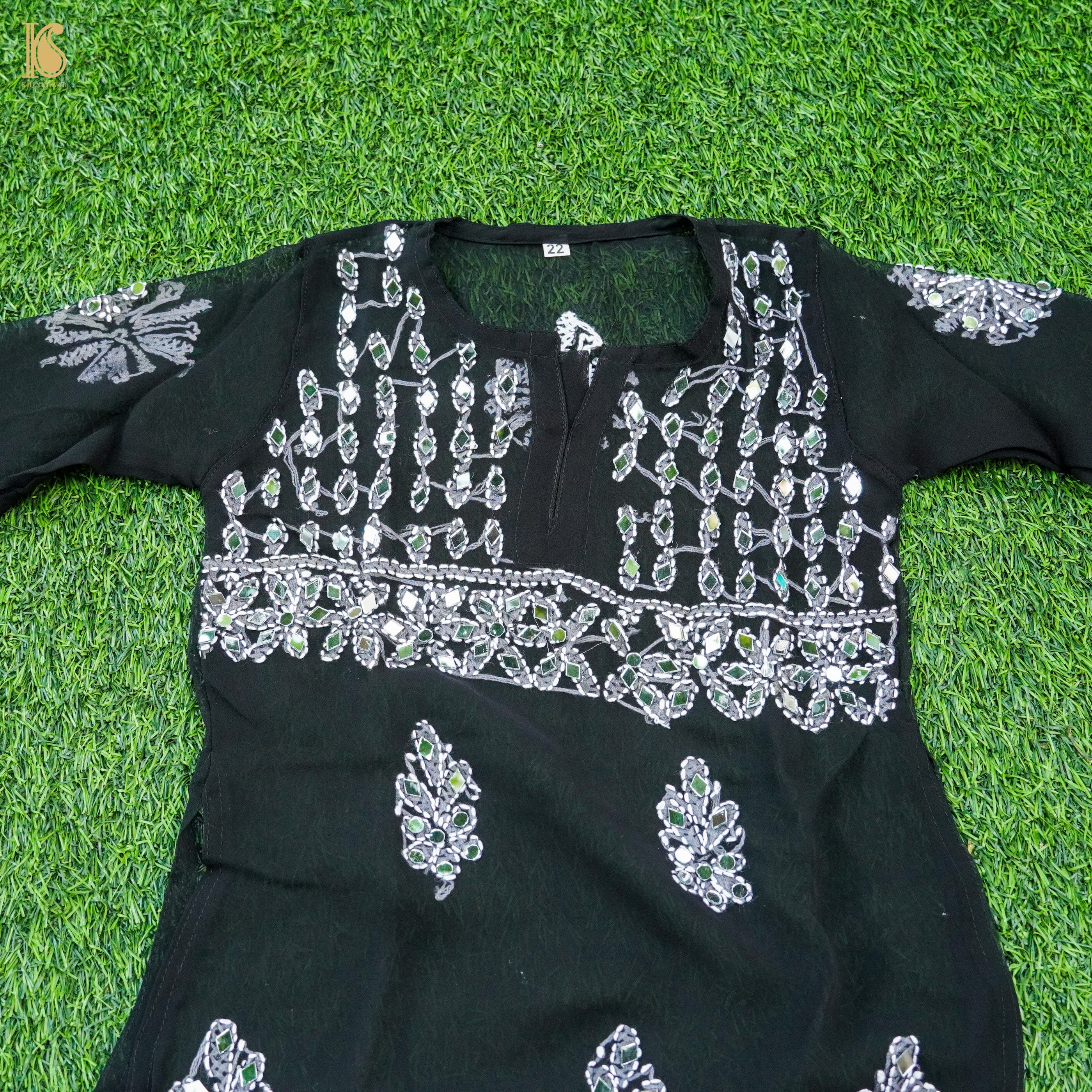 Black Georgette Chikankari with MirrorWork Stitched Kids Kurta Set