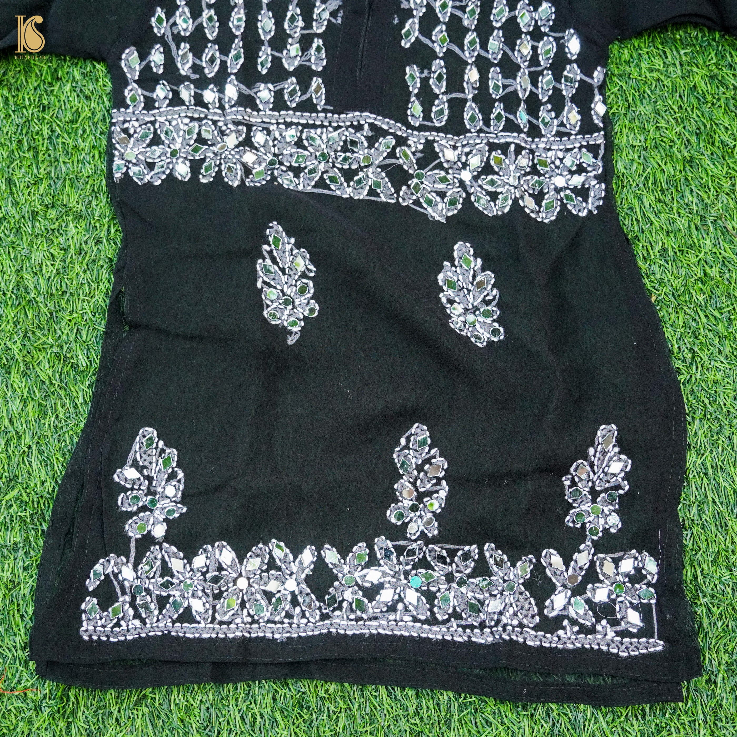Black Georgette Chikankari with MirrorWork Stitched Kids Kurta Set