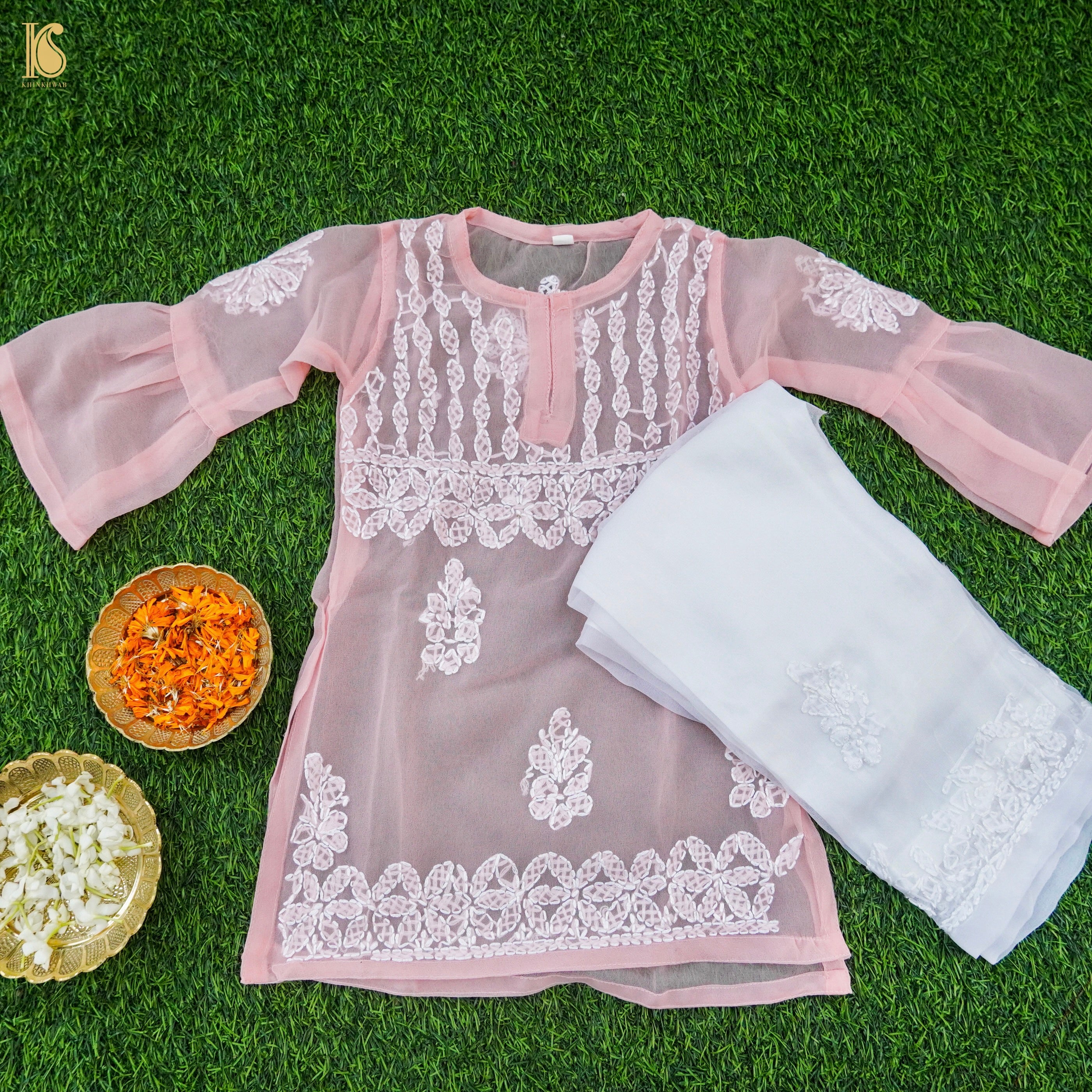 Pink Georgette Chikankari Stitched Kids Kurta Set