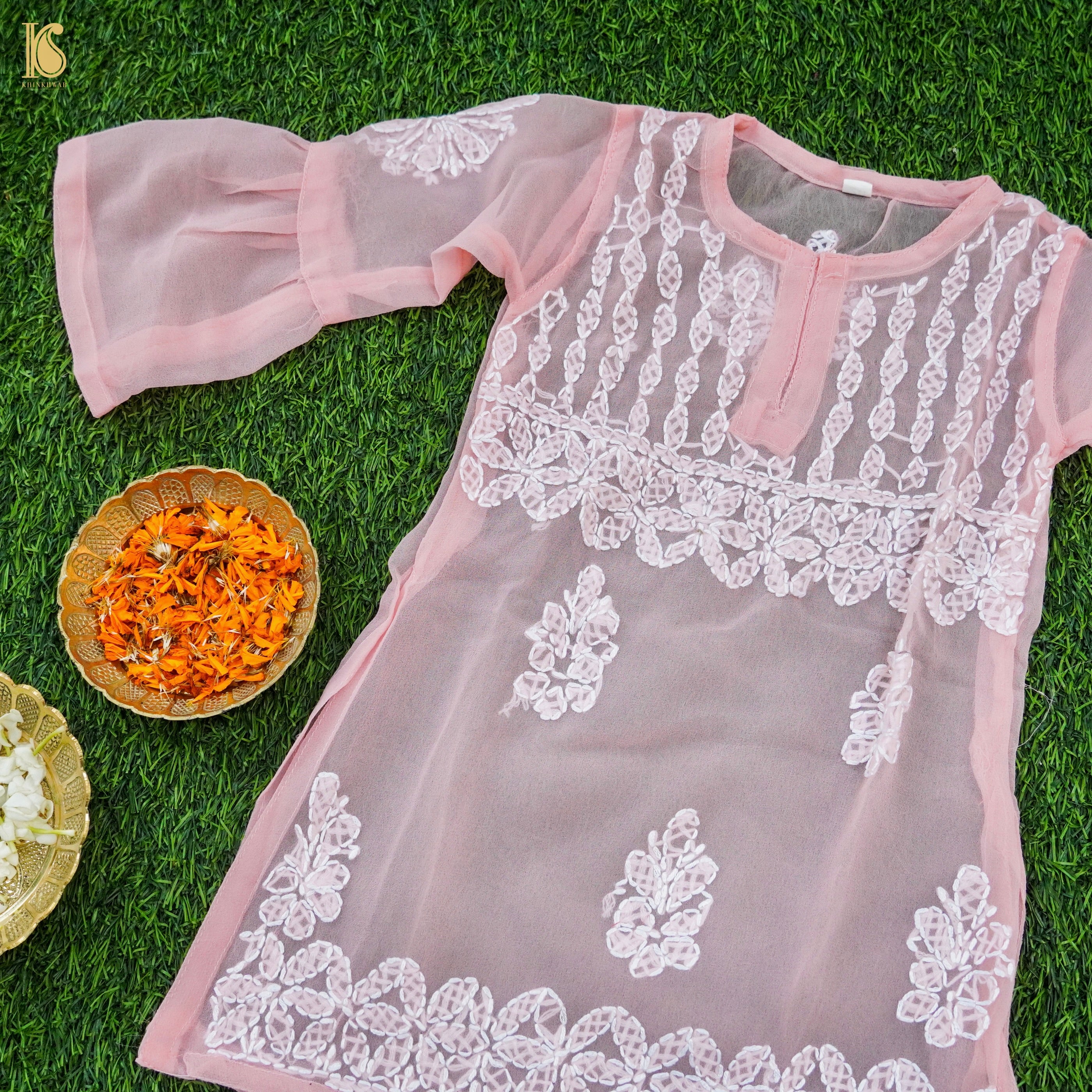 Pink Georgette Chikankari Stitched Kids Kurta Set