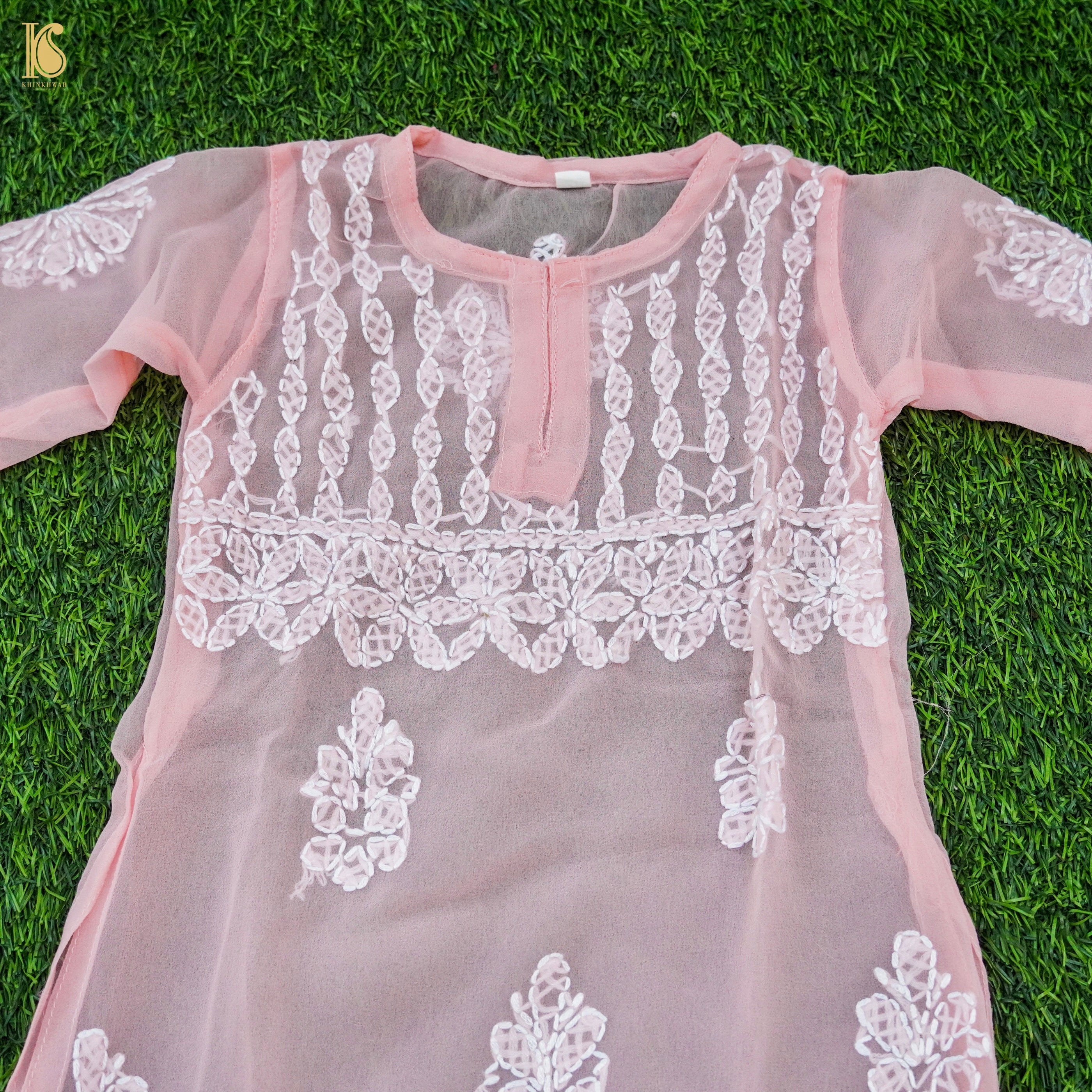 Pink Georgette Chikankari Stitched Kids Kurta Set