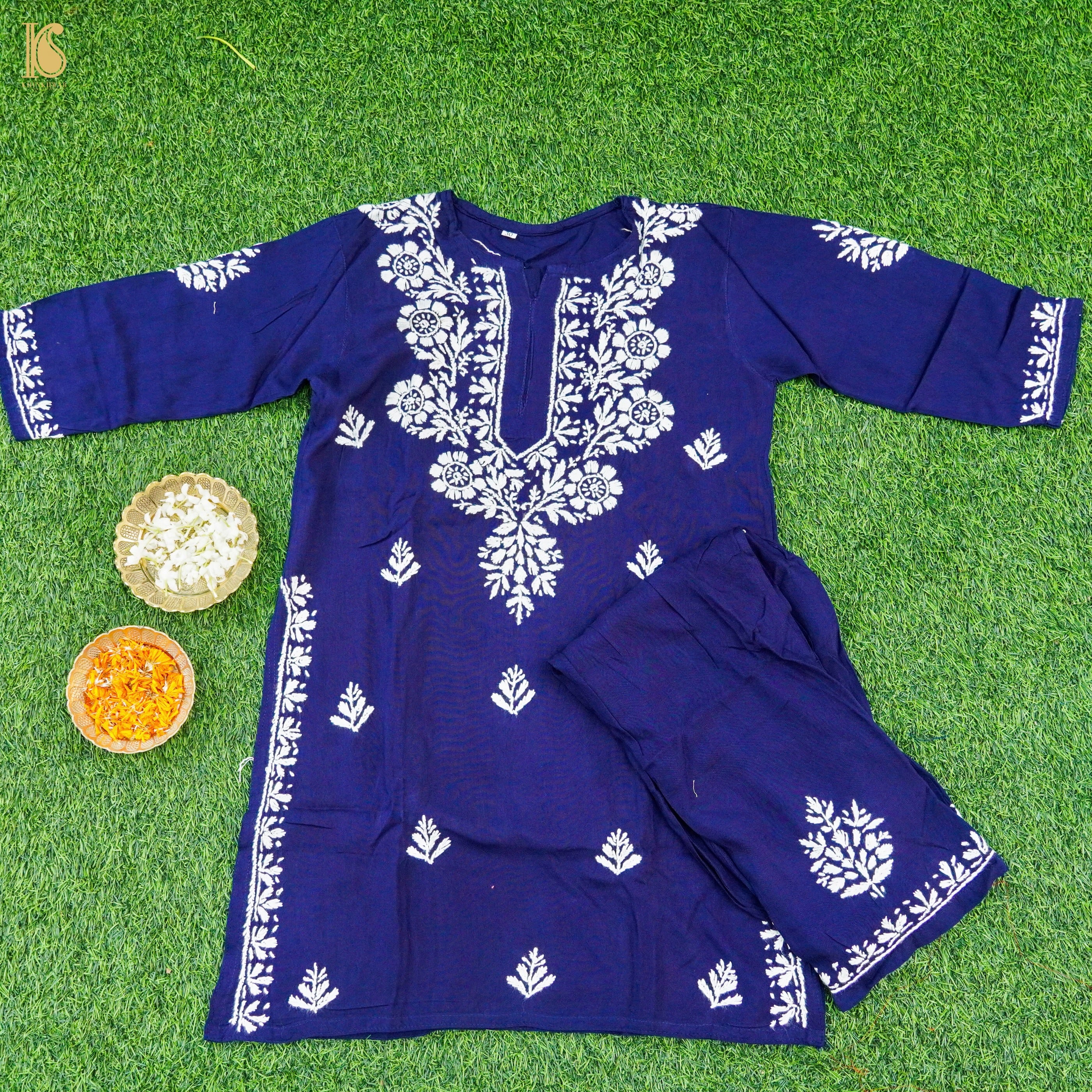 Blue Rayon Silk Chikankari Stitched Kids Kurta Set