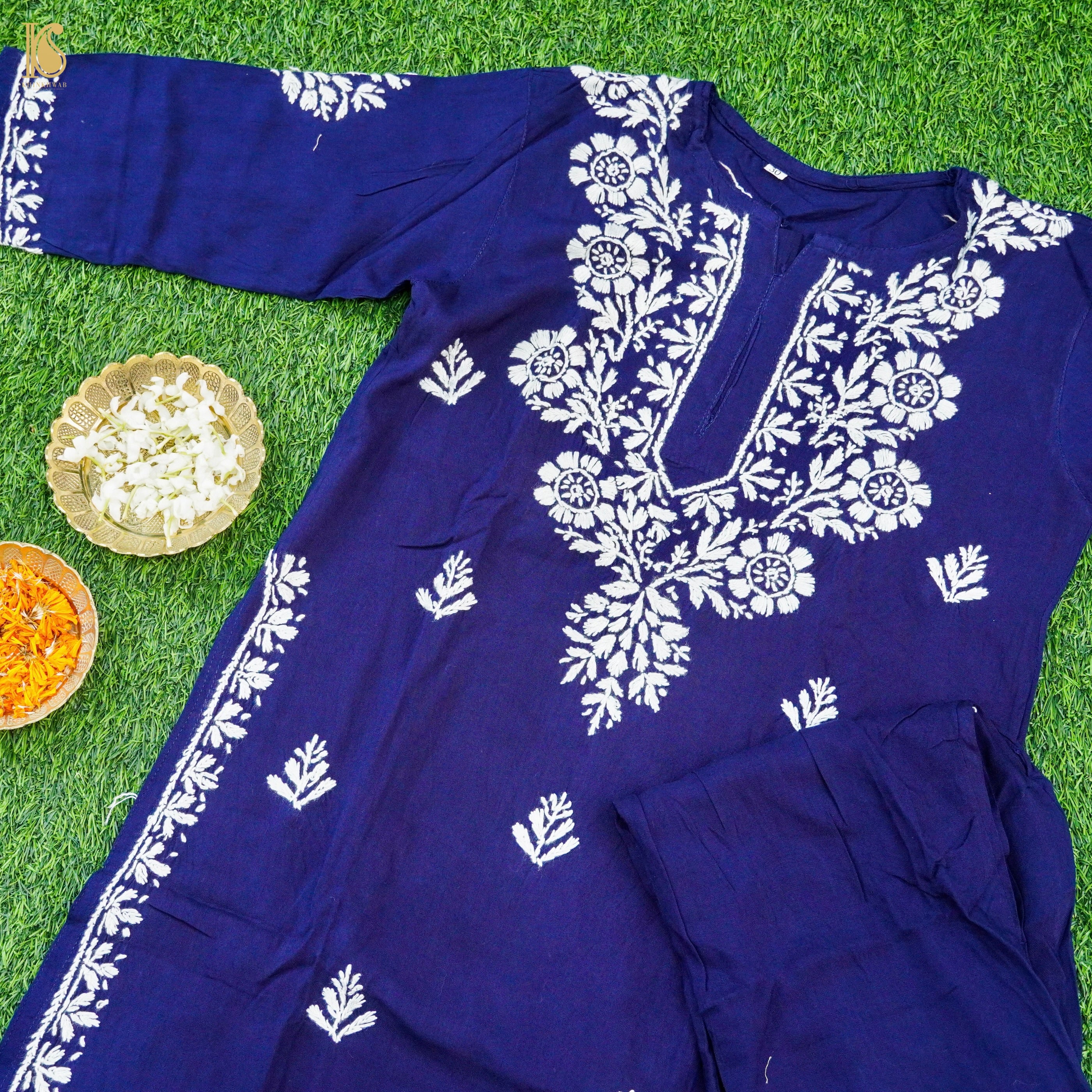 Blue Rayon Silk Chikankari Stitched Kids Kurta Set