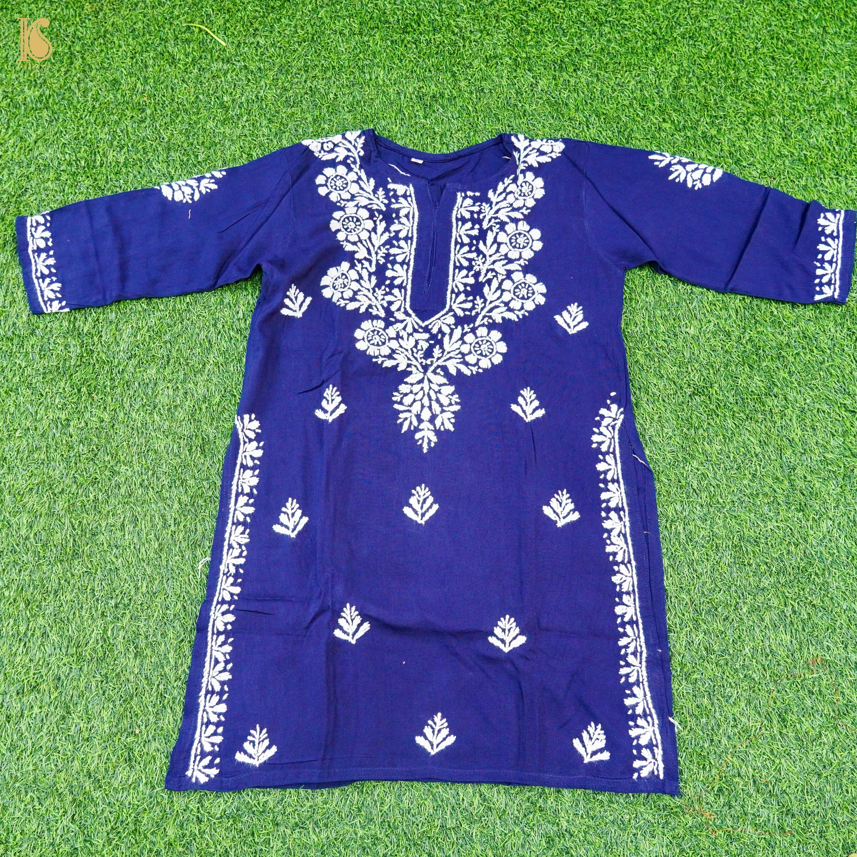 Blue Rayon Silk Chikankari Stitched Kids Kurta Set