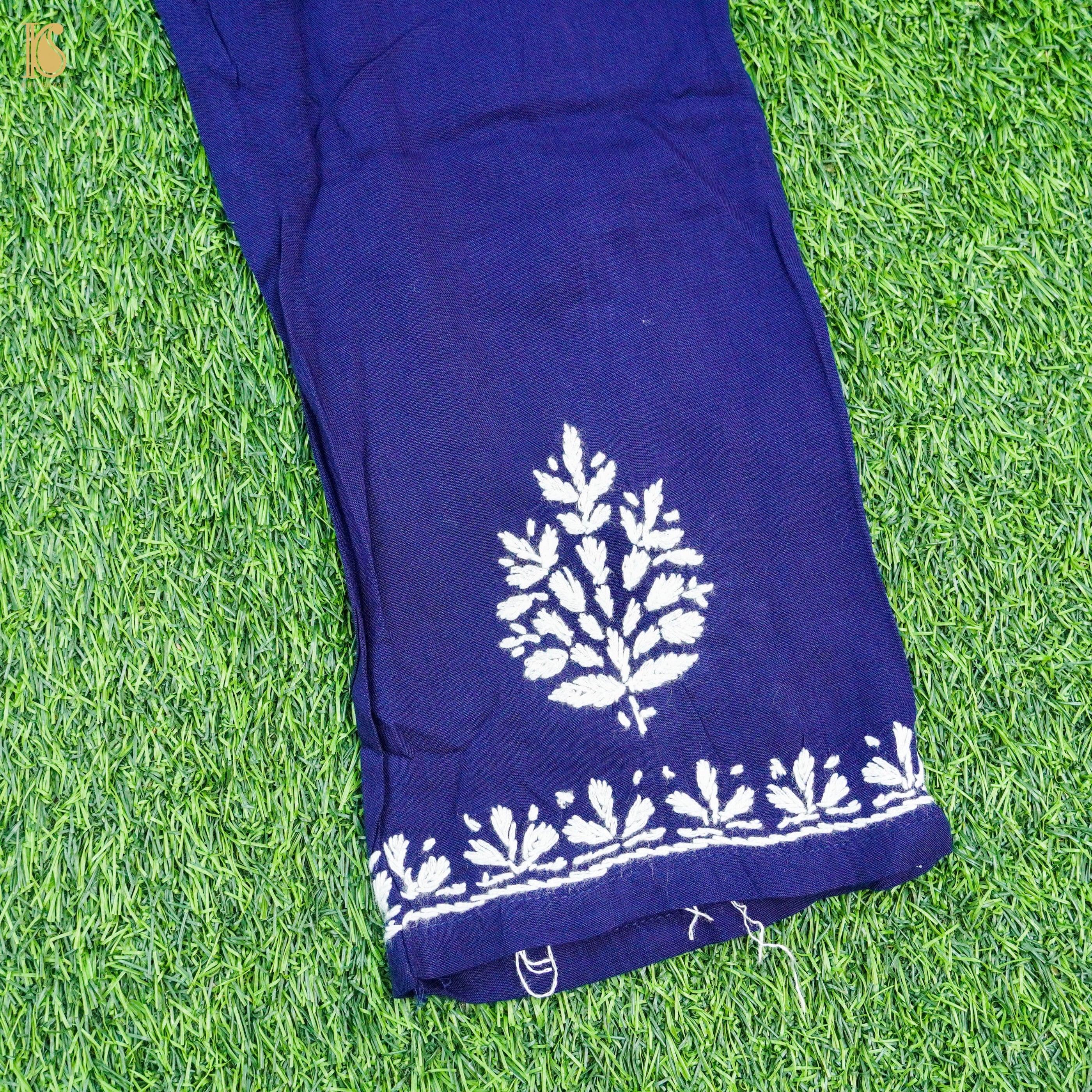 Blue Rayon Silk Chikankari Stitched Kids Kurta Set