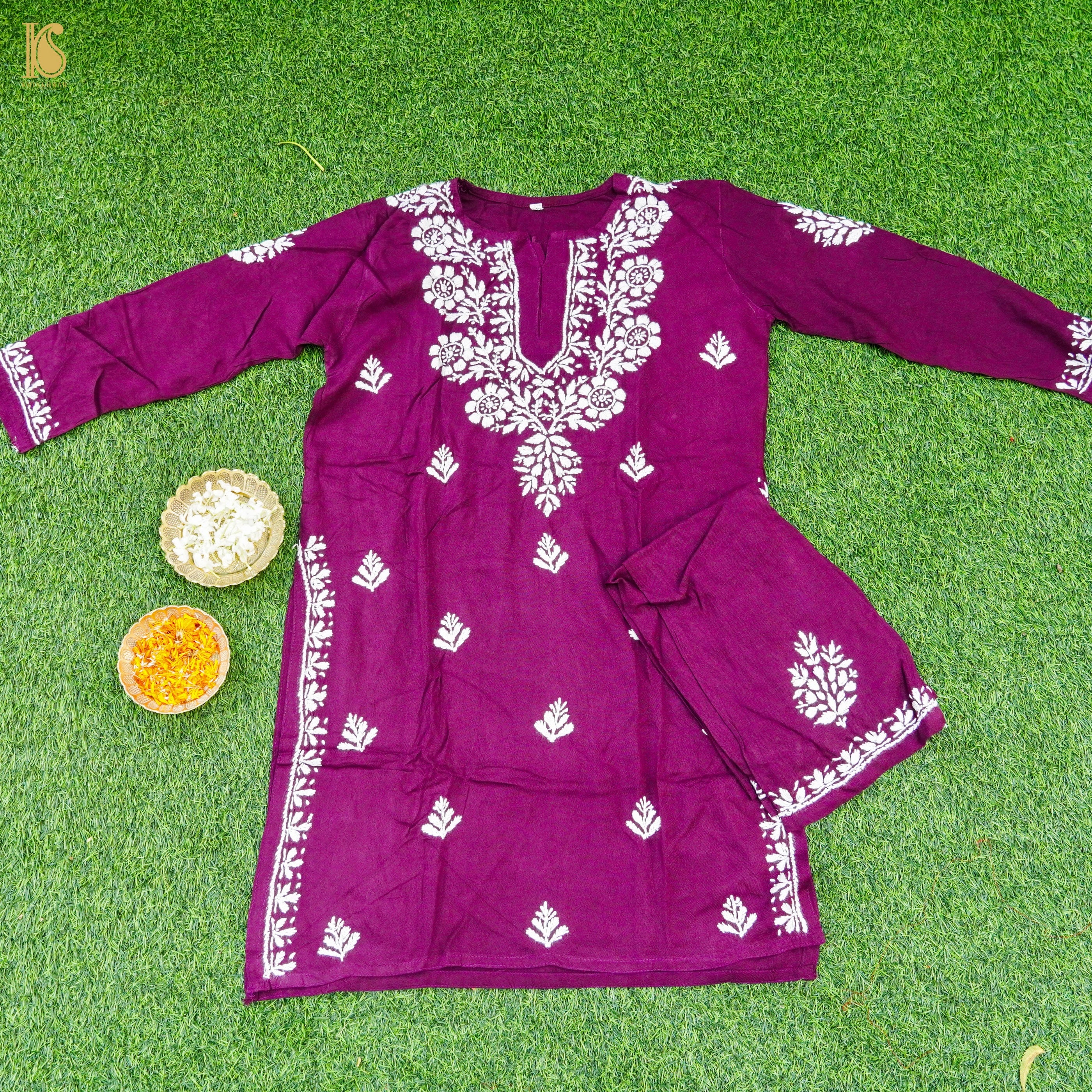 Rayon Silk Chikankari Stitched Kids Kurta Set