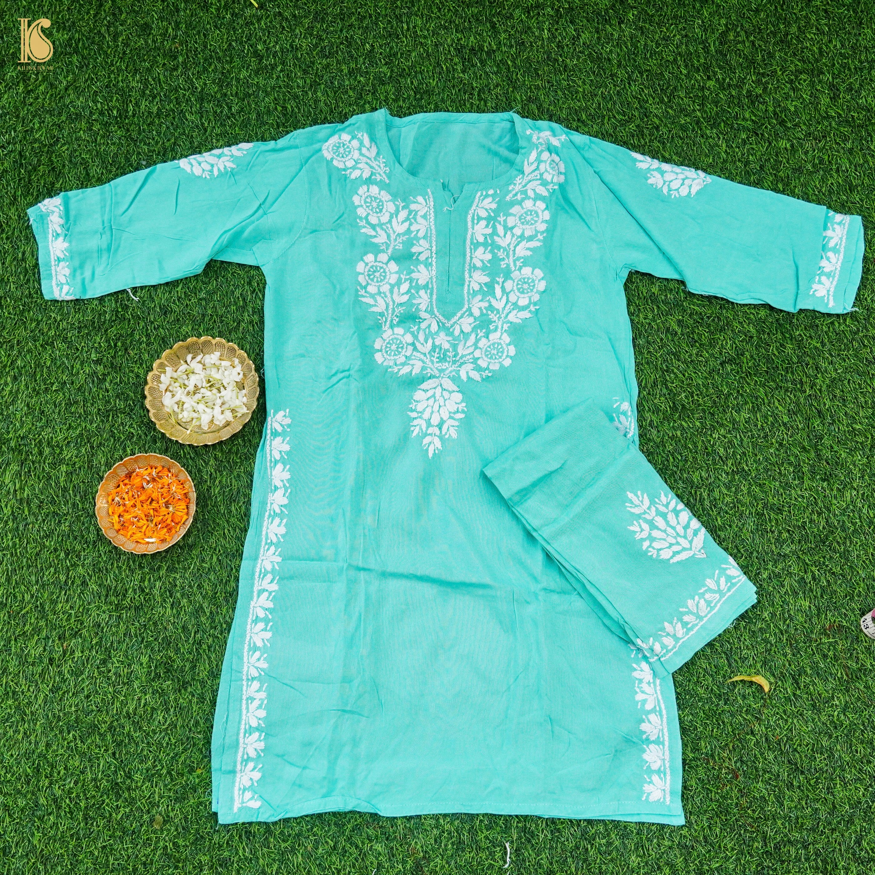 Rayon Silk Chikankari Stitched Kids Kurta Set
