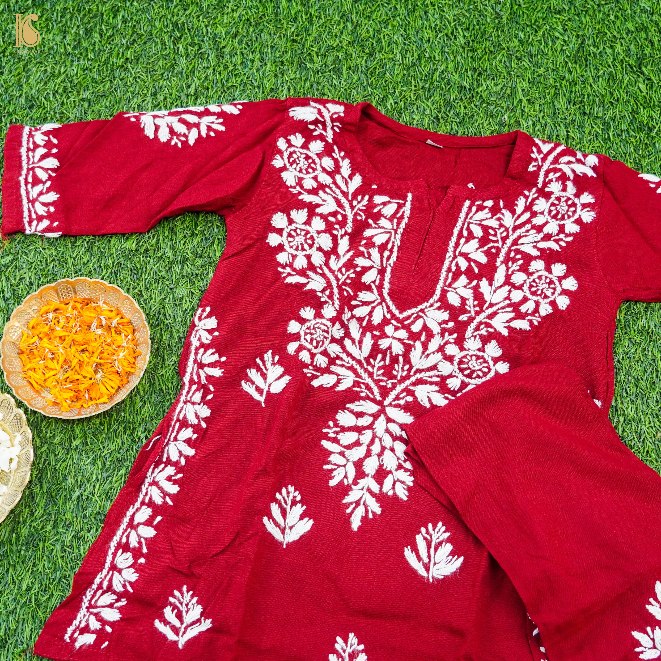 Rayon Silk Chikankari Stitched Kids Kurta Set