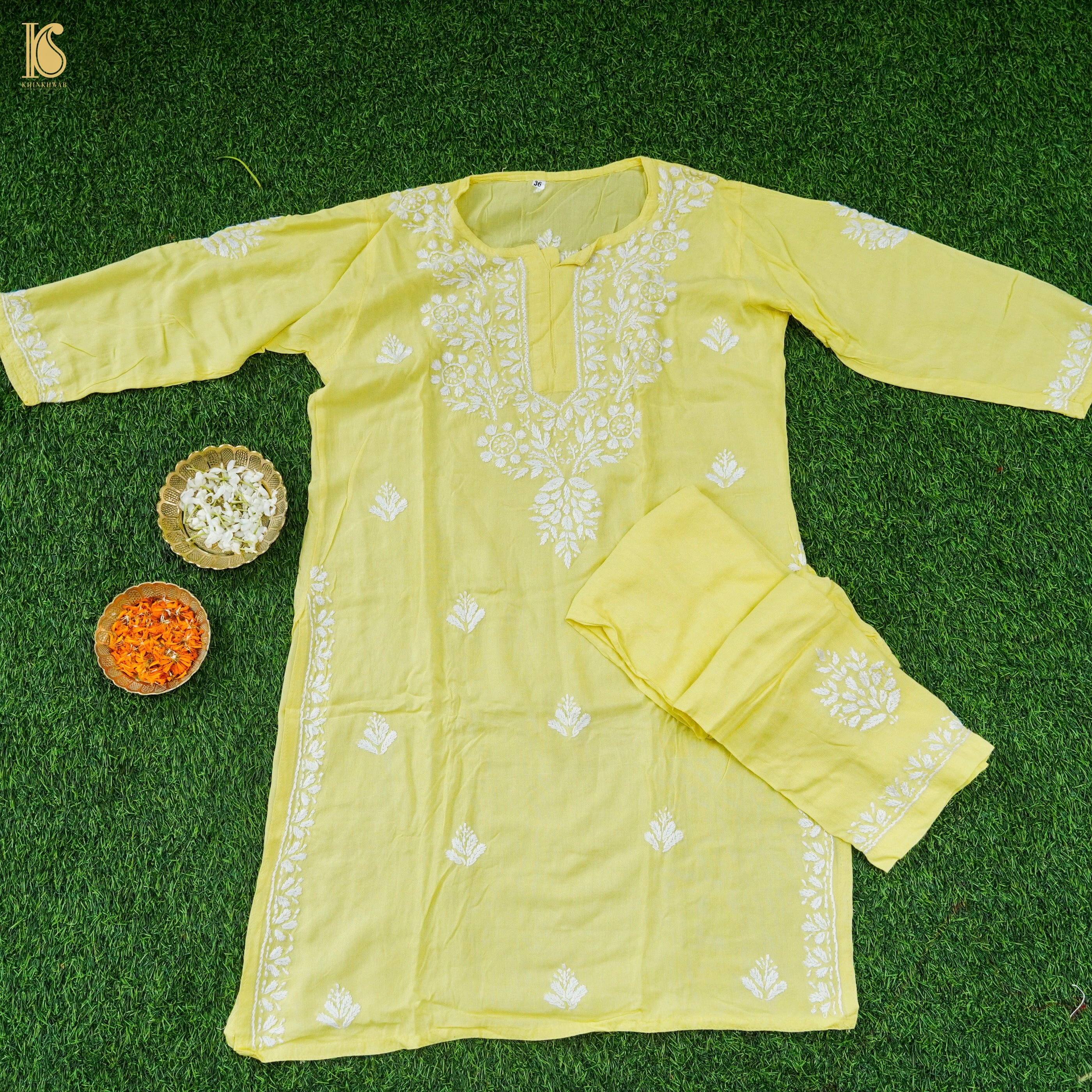 Yellow Rayon Silk Chikankari Stitched Kids Kurta Set