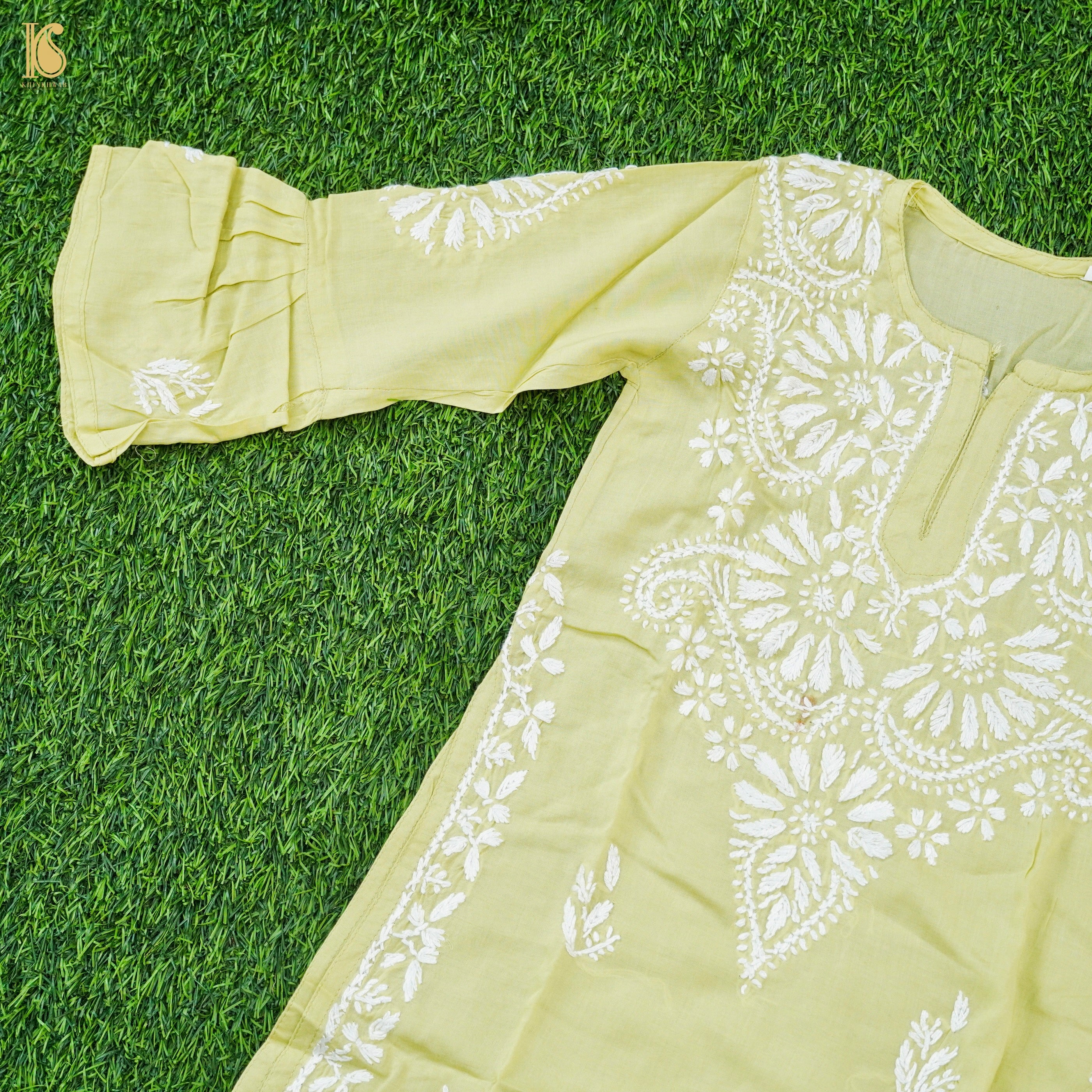 Yellow Rayon Silk Chikankari Stitched Kids Kurta Set