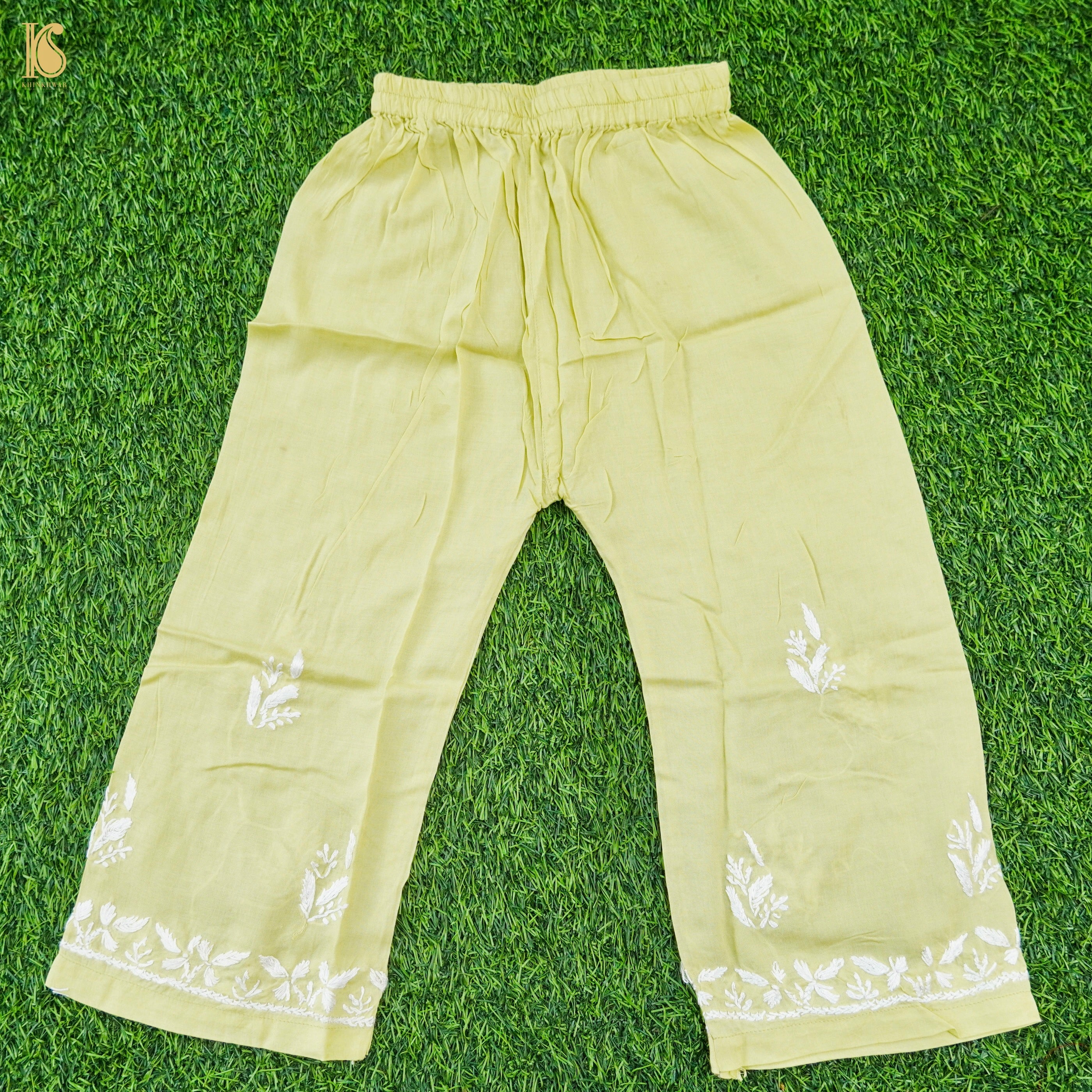 Yellow Rayon Silk Chikankari Stitched Kids Kurta Set