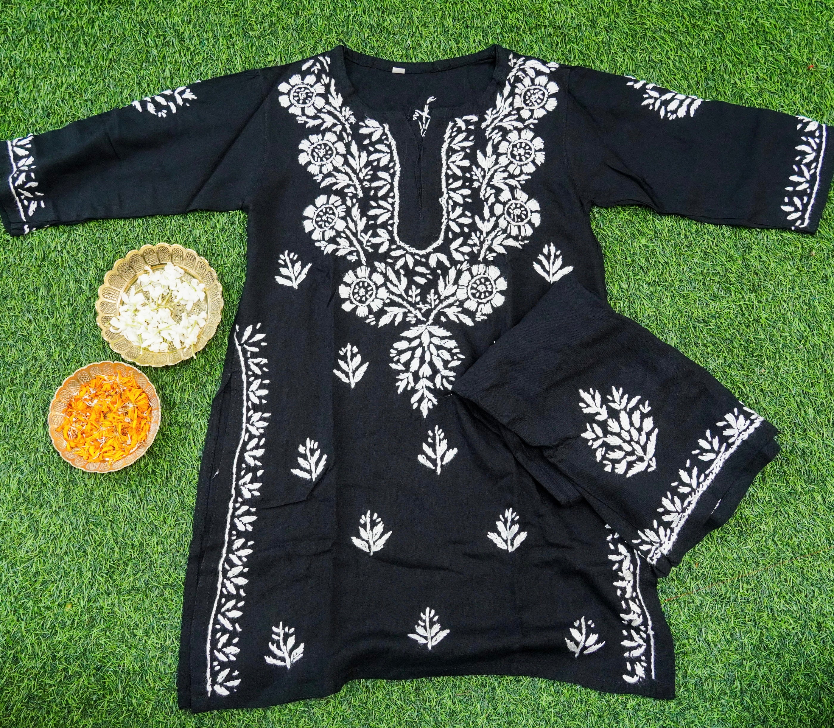 Black Rayon Silk Chikankari Stitched Kids Kurta Set