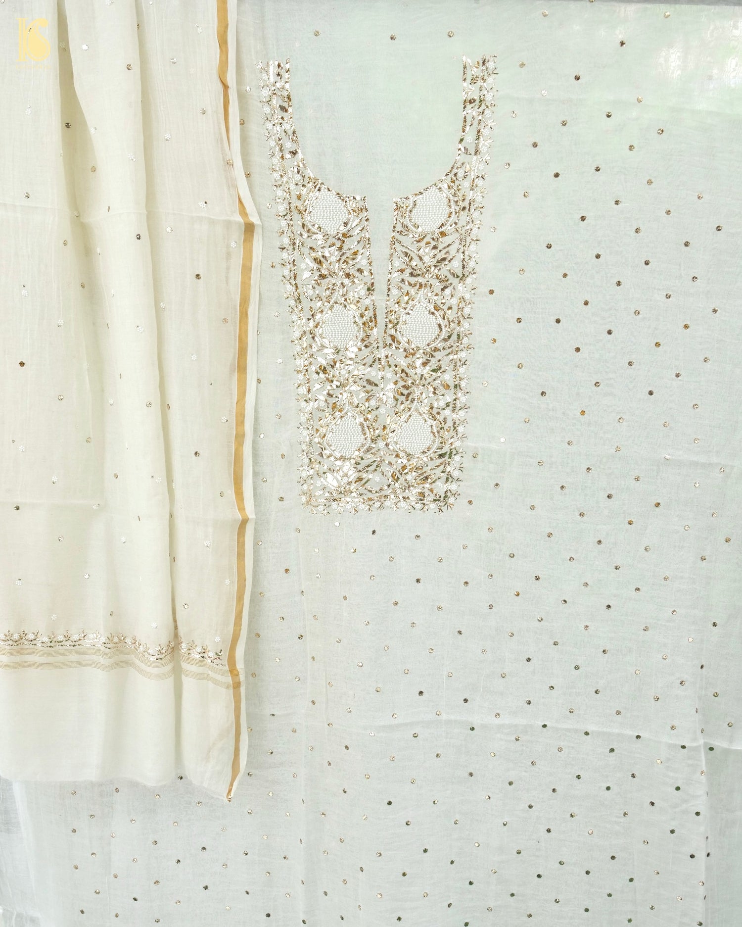 Pure Mul Chanderi Silk Suit Set with Mukaish & Pearl Work