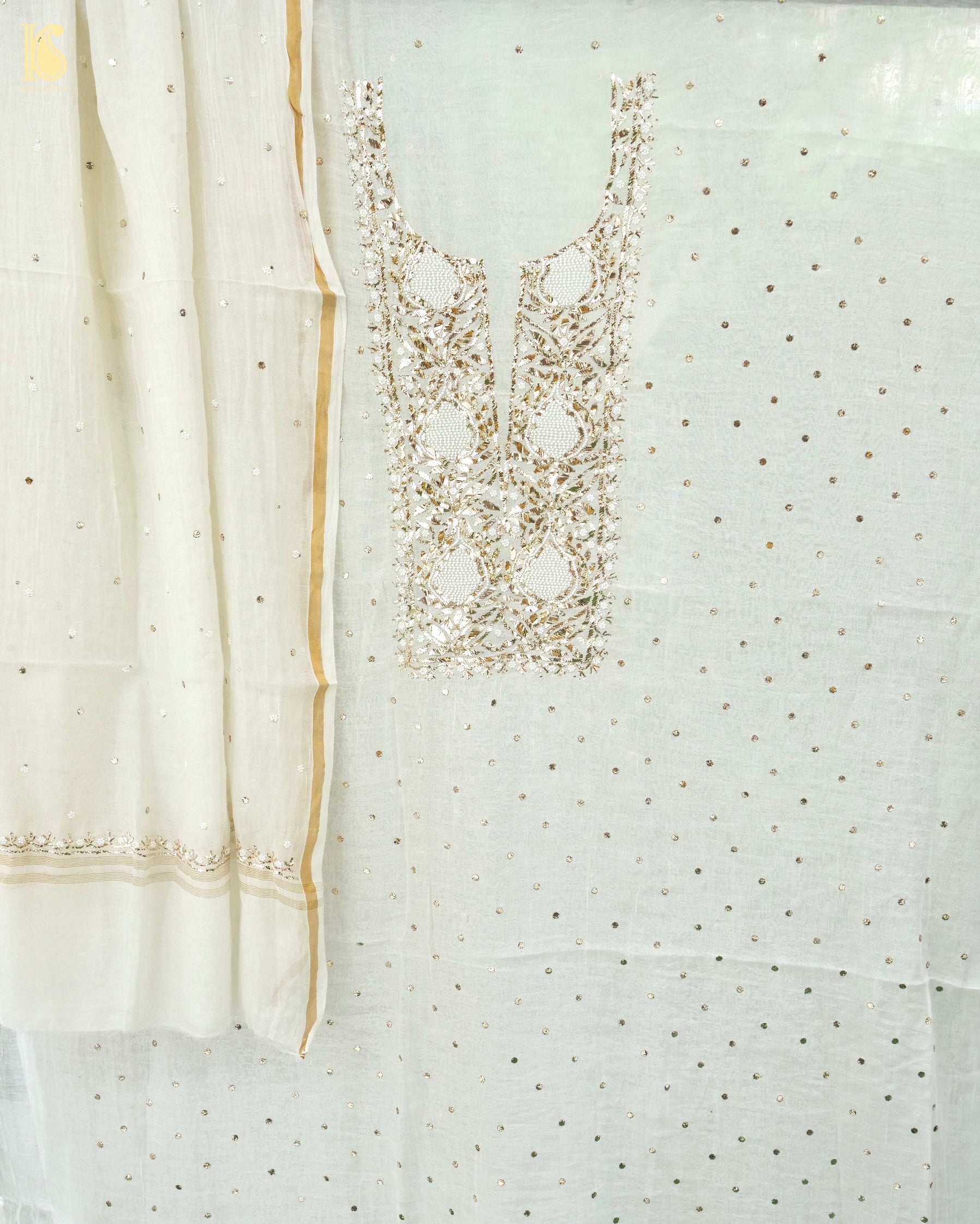 Pure Mul Chanderi Silk Suit Set with Mukaish & Pearl Work