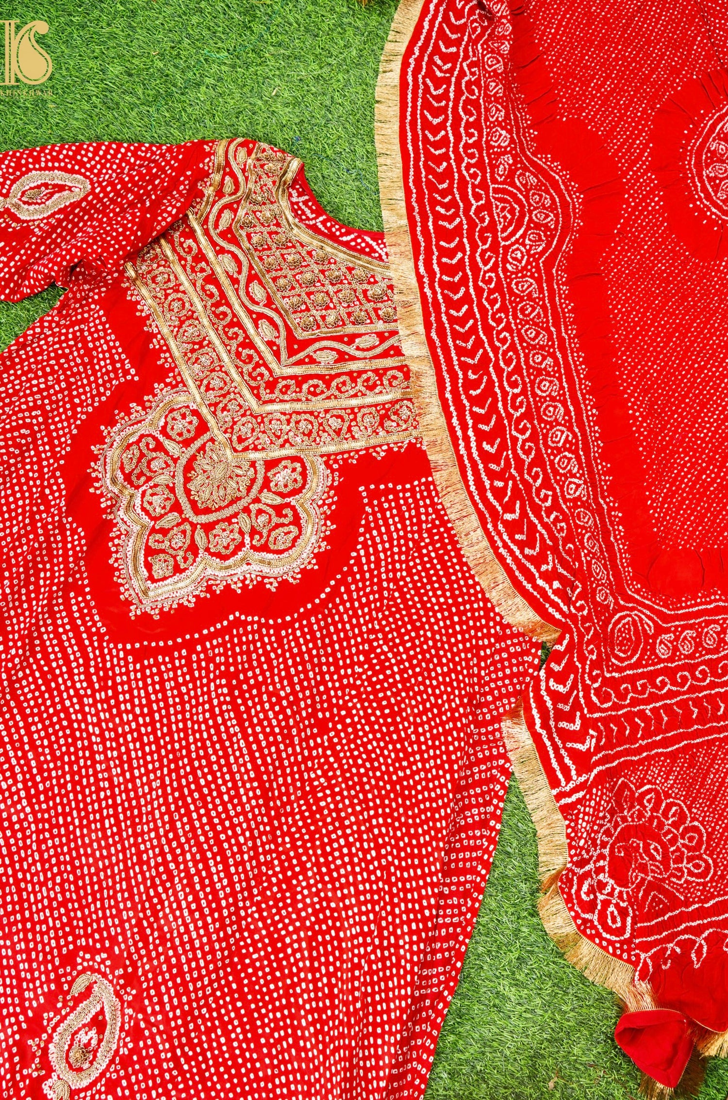 Red Georgette Handloom Banarasi Bandhani Suit Fabric with Hand Embriodery