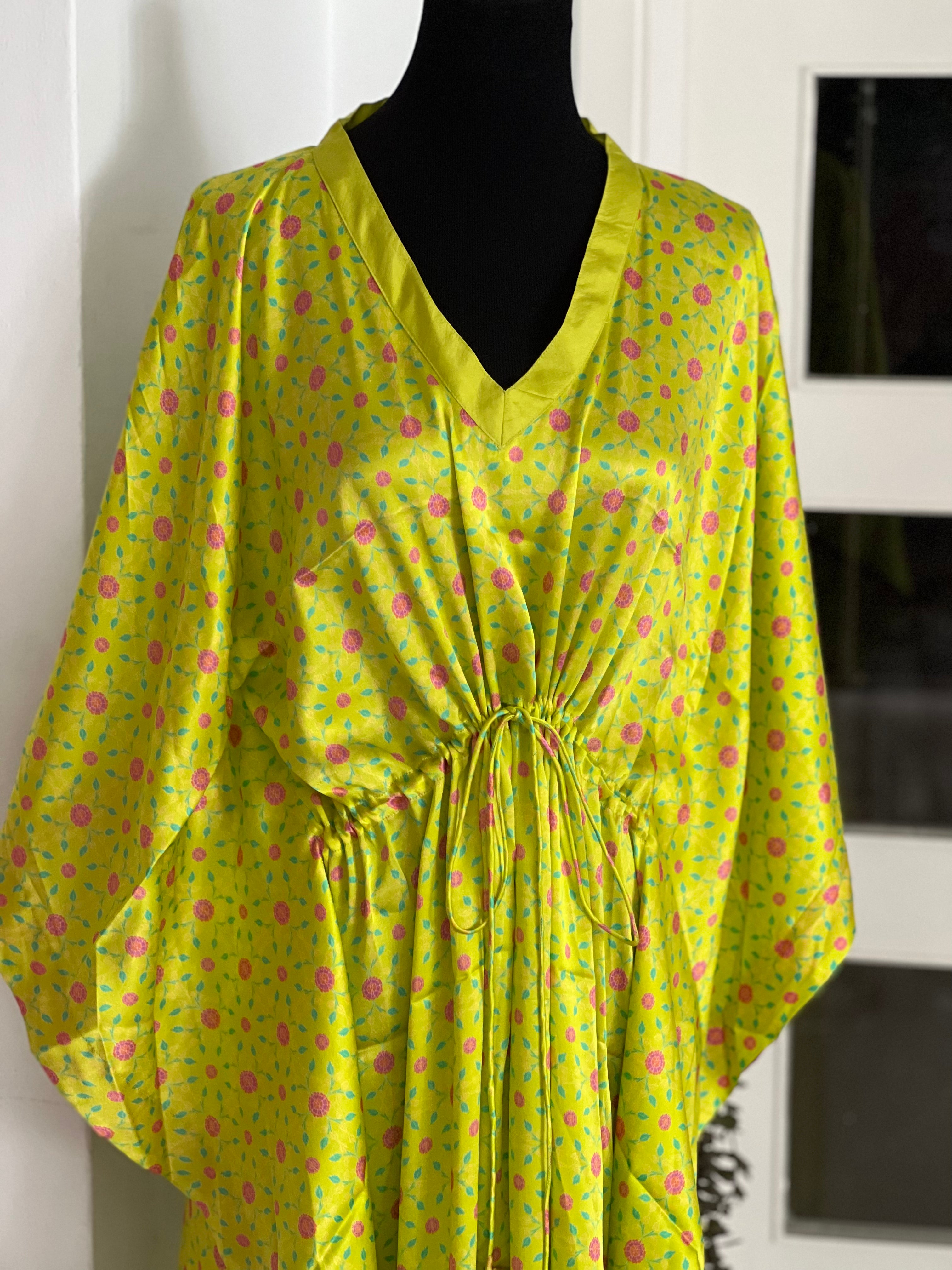 Stitched Sateen Silk Turkish Karanfil Kaftan in Lime Green