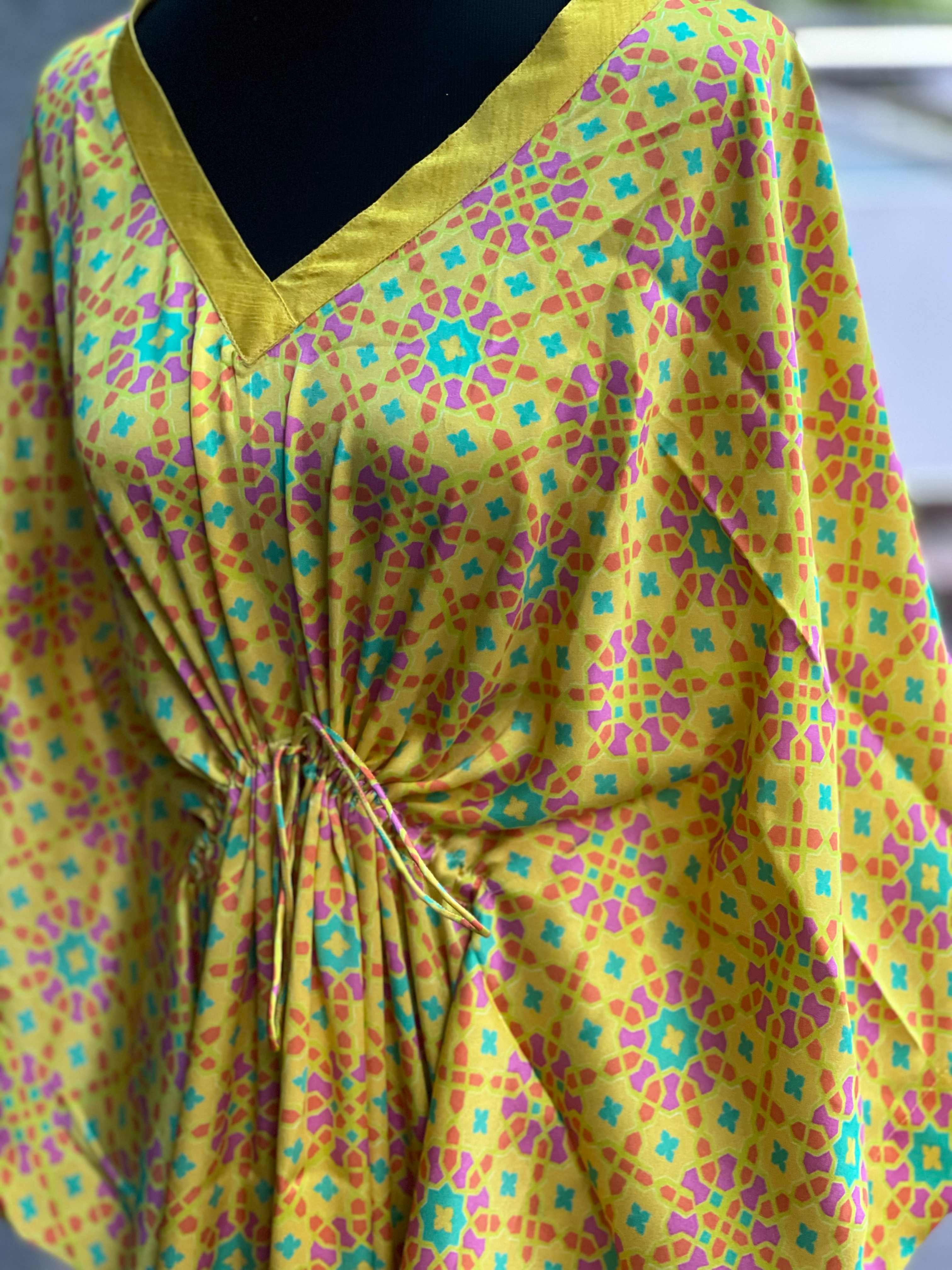Stitched Sateen Silk Turkish Nilufer Kaftan in Marigold Yellow