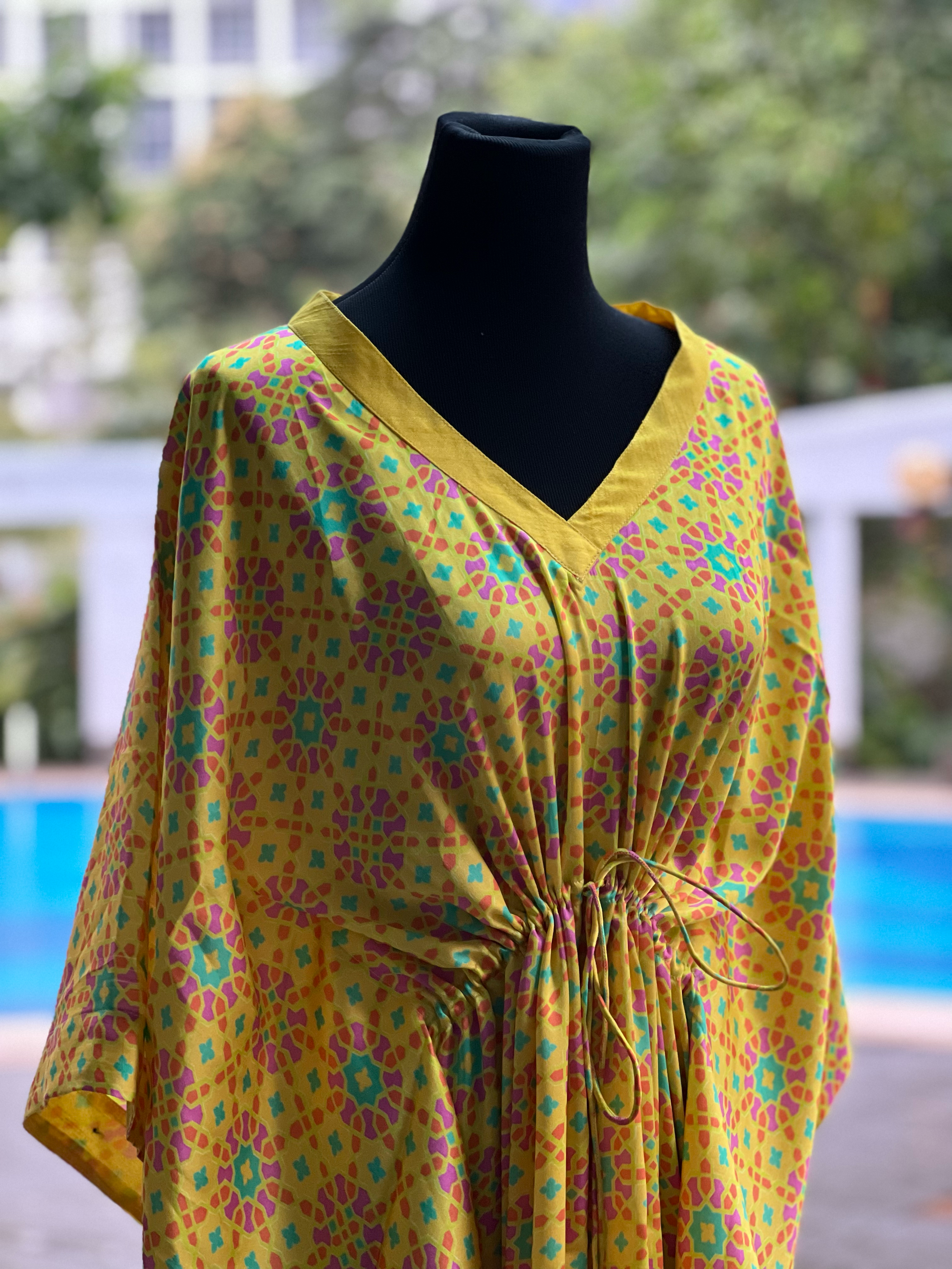 Stitched Sateen Silk Turkish Nilufer Kaftan in Marigold Yellow