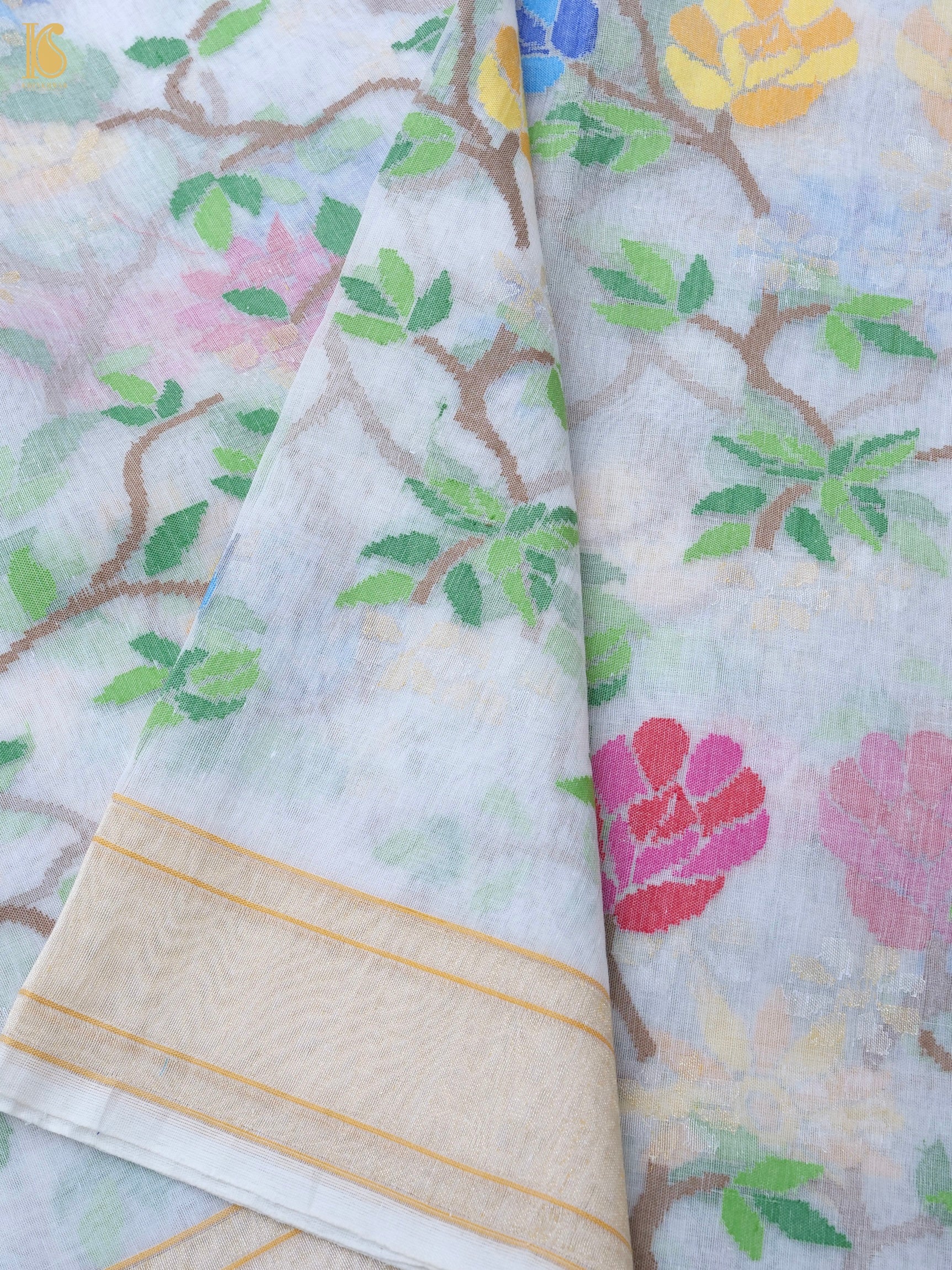 Handloom Banarasi Real Silver Zari Shwetambari Cotton Saree