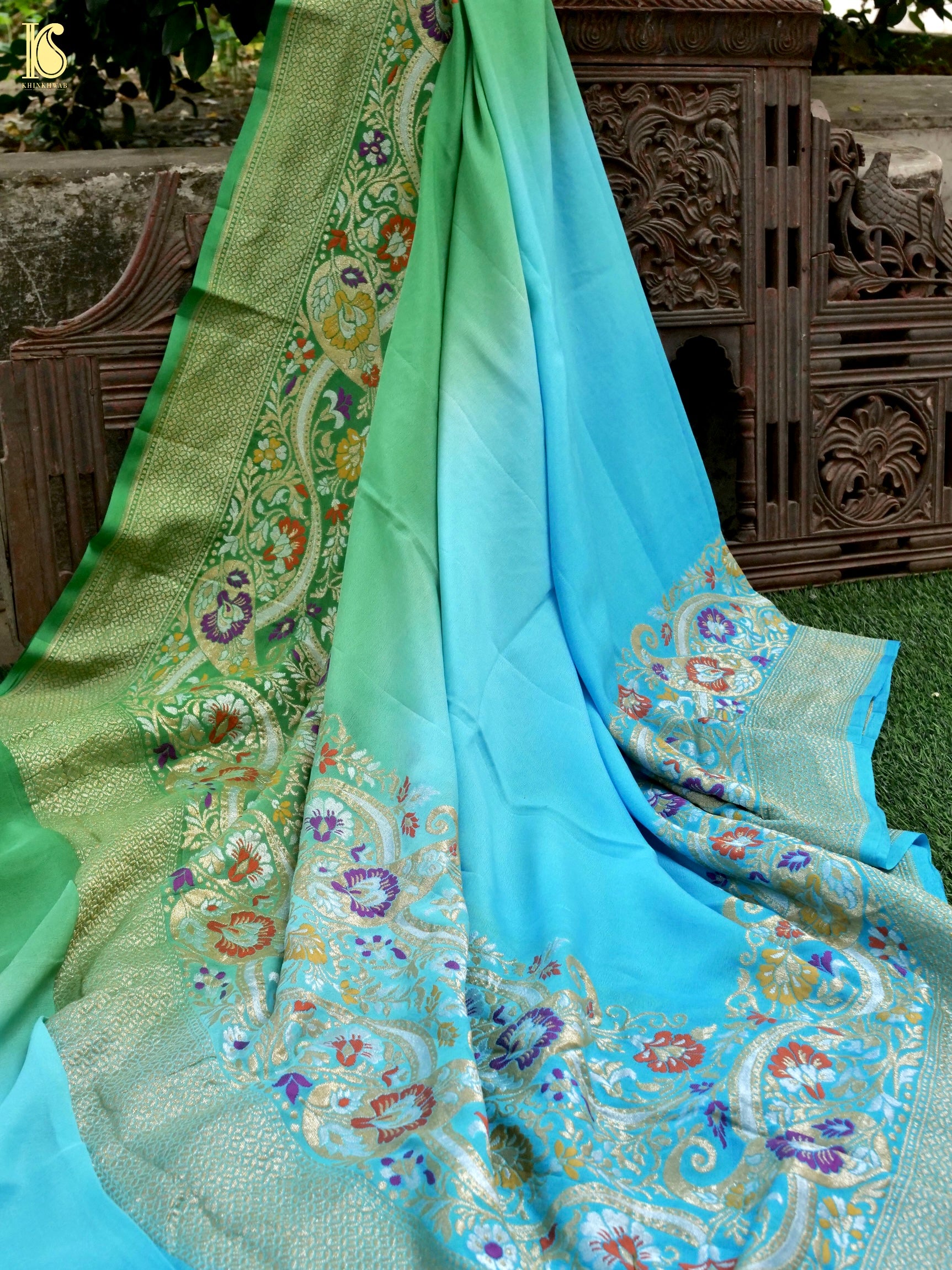 Handwoven Banarasi Georgette Dupatta with Floral Meenakari