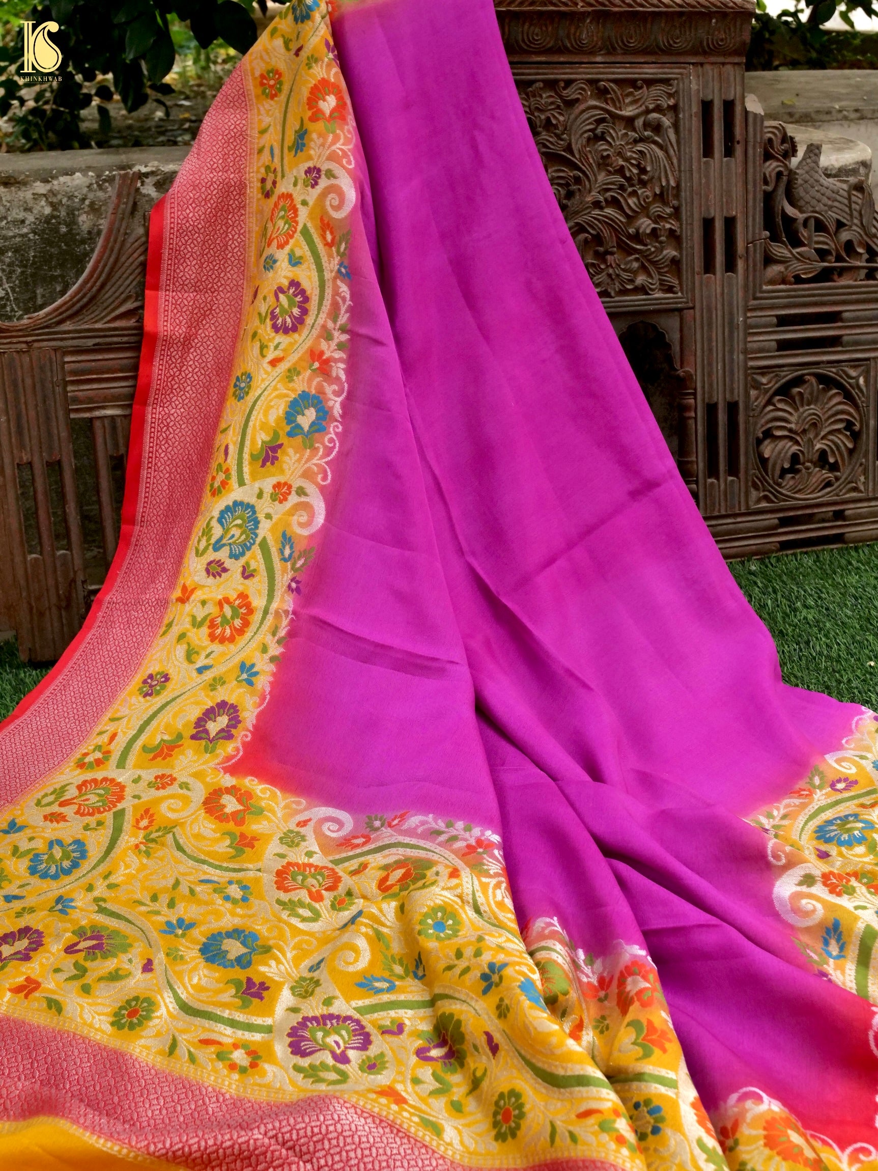 Handwoven Banarasi Georgette Dupatta with Floral Meenakari