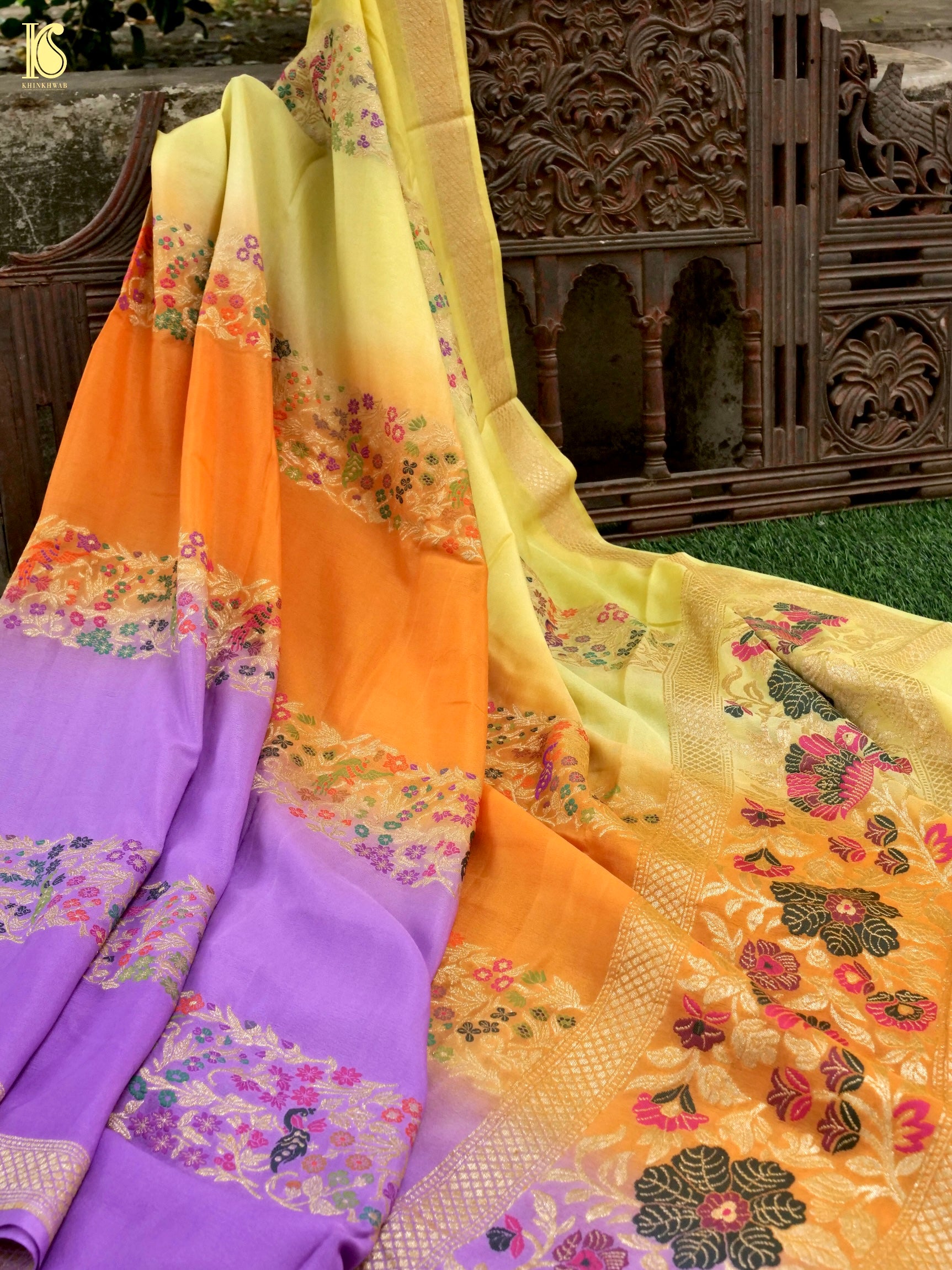 Handwoven Banarasi Georgette Dupatta with Floral Meenakari