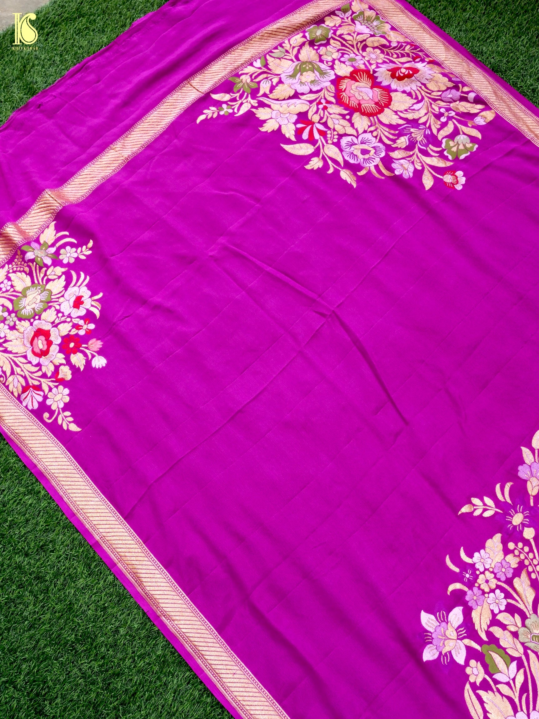 Handwoven Banarasi Georgette Dupatta with Floral Meenakari