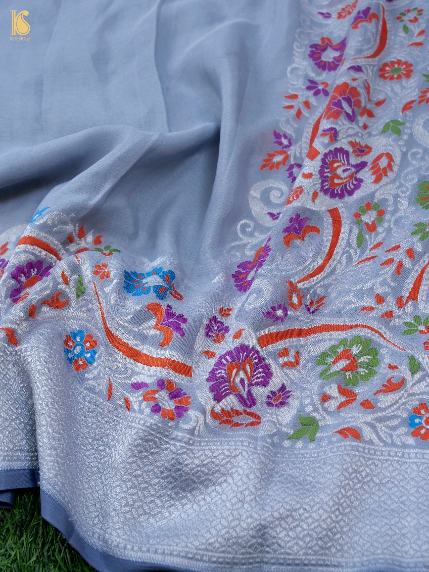 Handwoven Banarasi Georgette Dupatta with Floral Meenakari