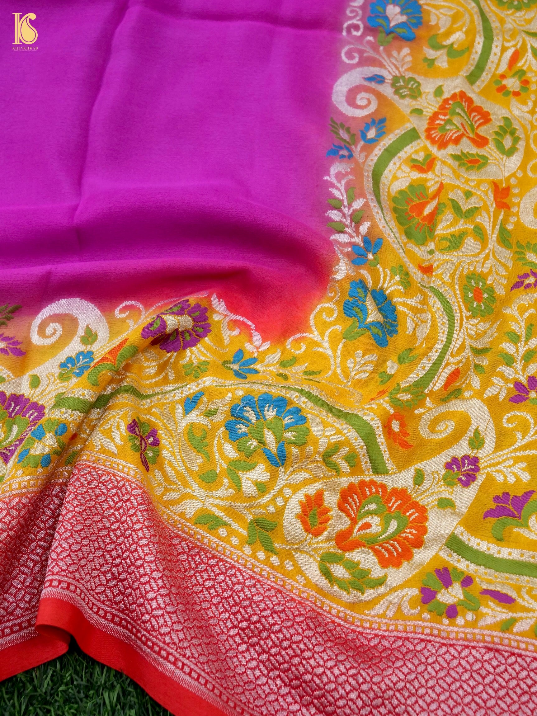 Handwoven Banarasi Georgette Dupatta with Floral Meenakari