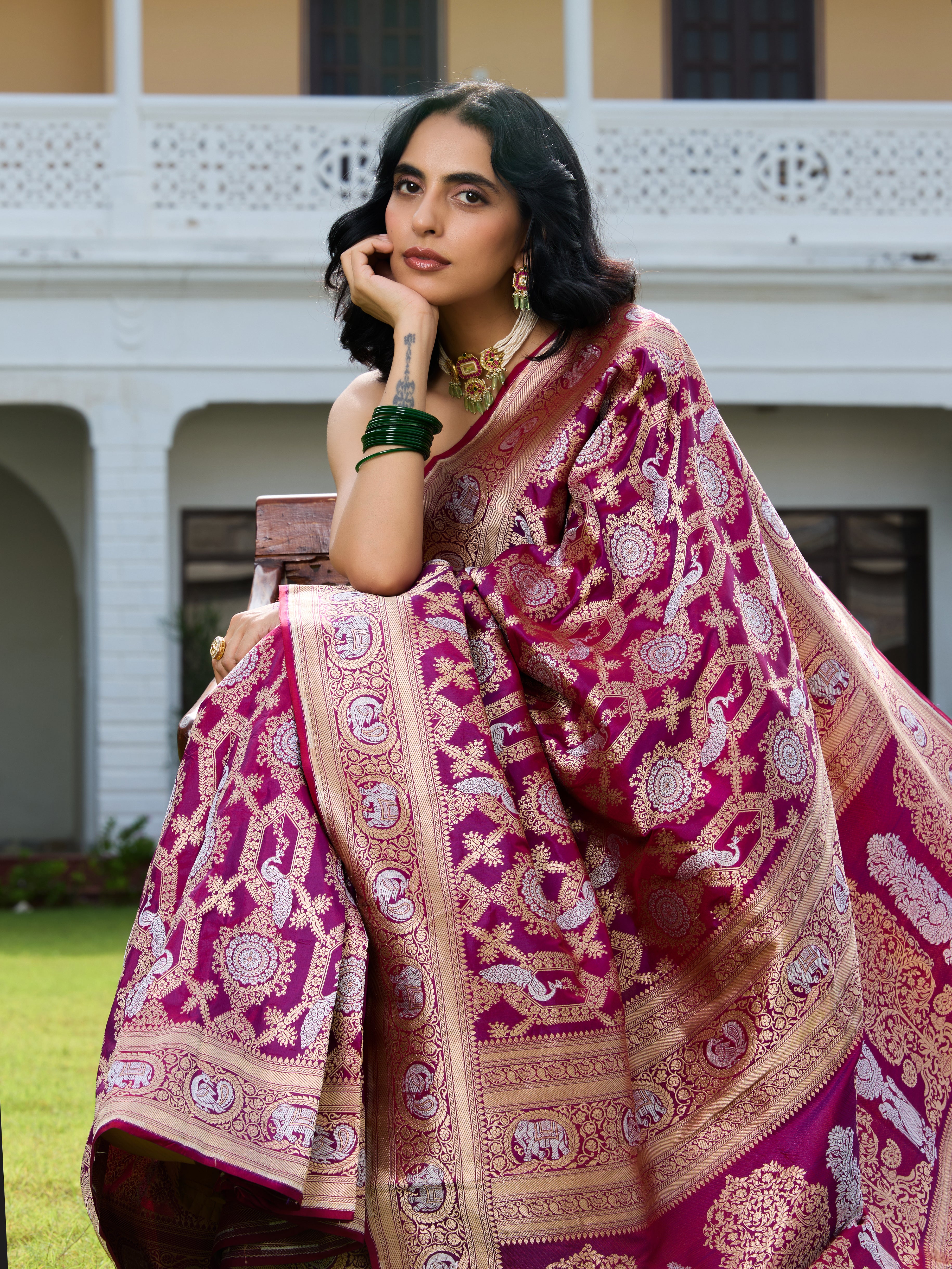 Handwoven Banarasi Katan Silk Shikargah Saree in Purple