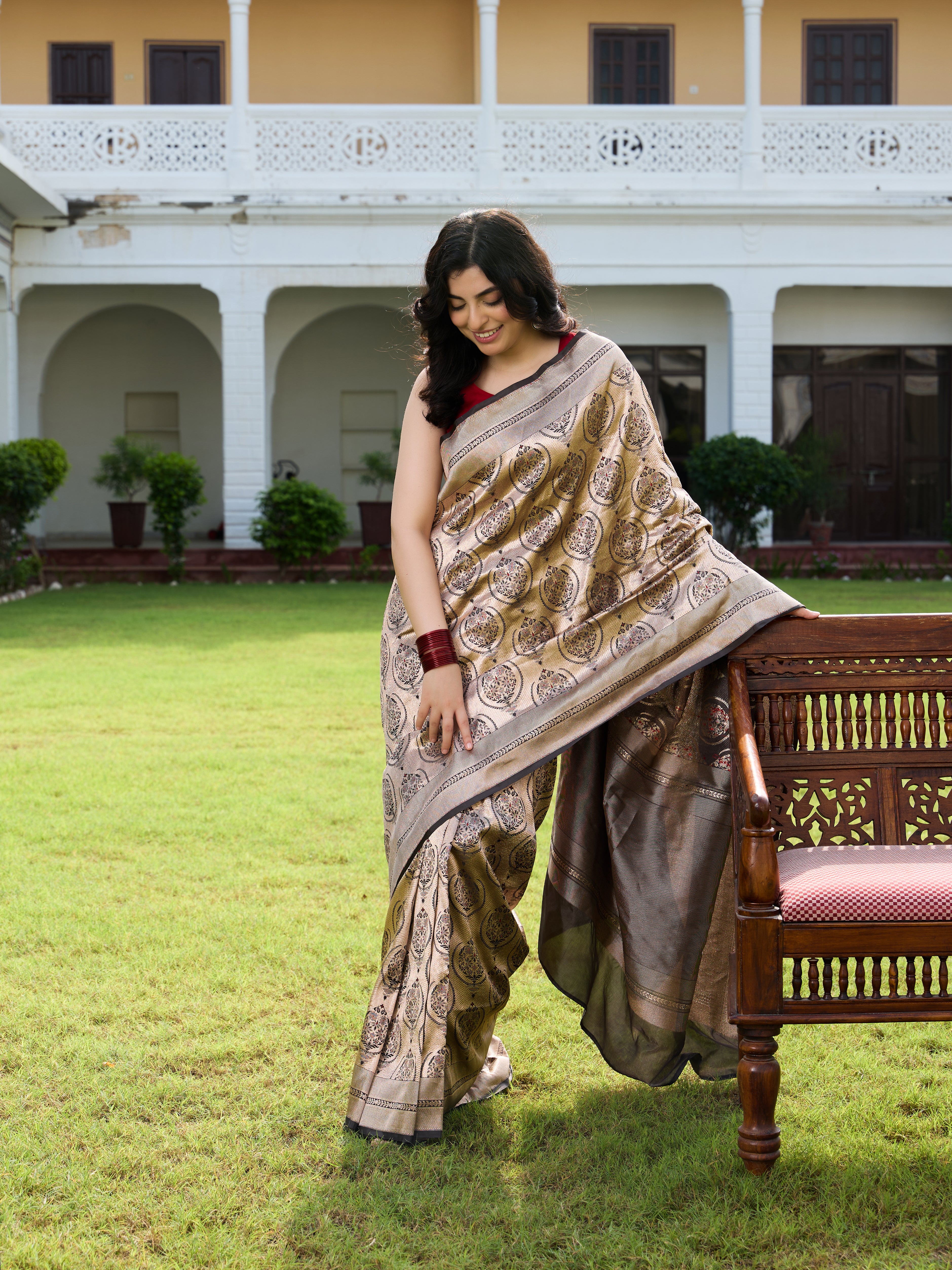 Handwoven Banarasi Katan Silk Brocade Saree in Antique Gold
