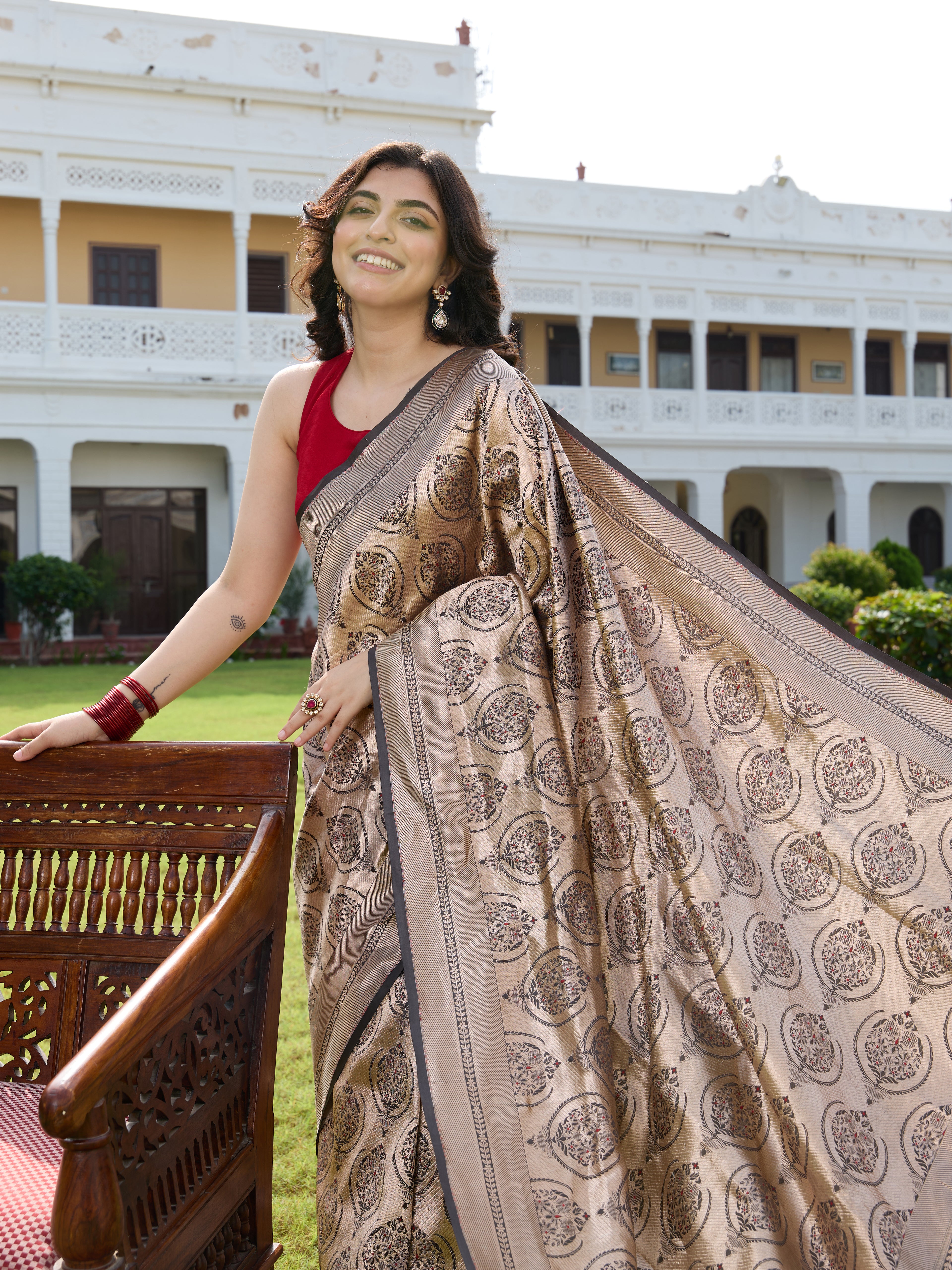 Handwoven Banarasi Katan Silk Brocade Saree in Antique Gold