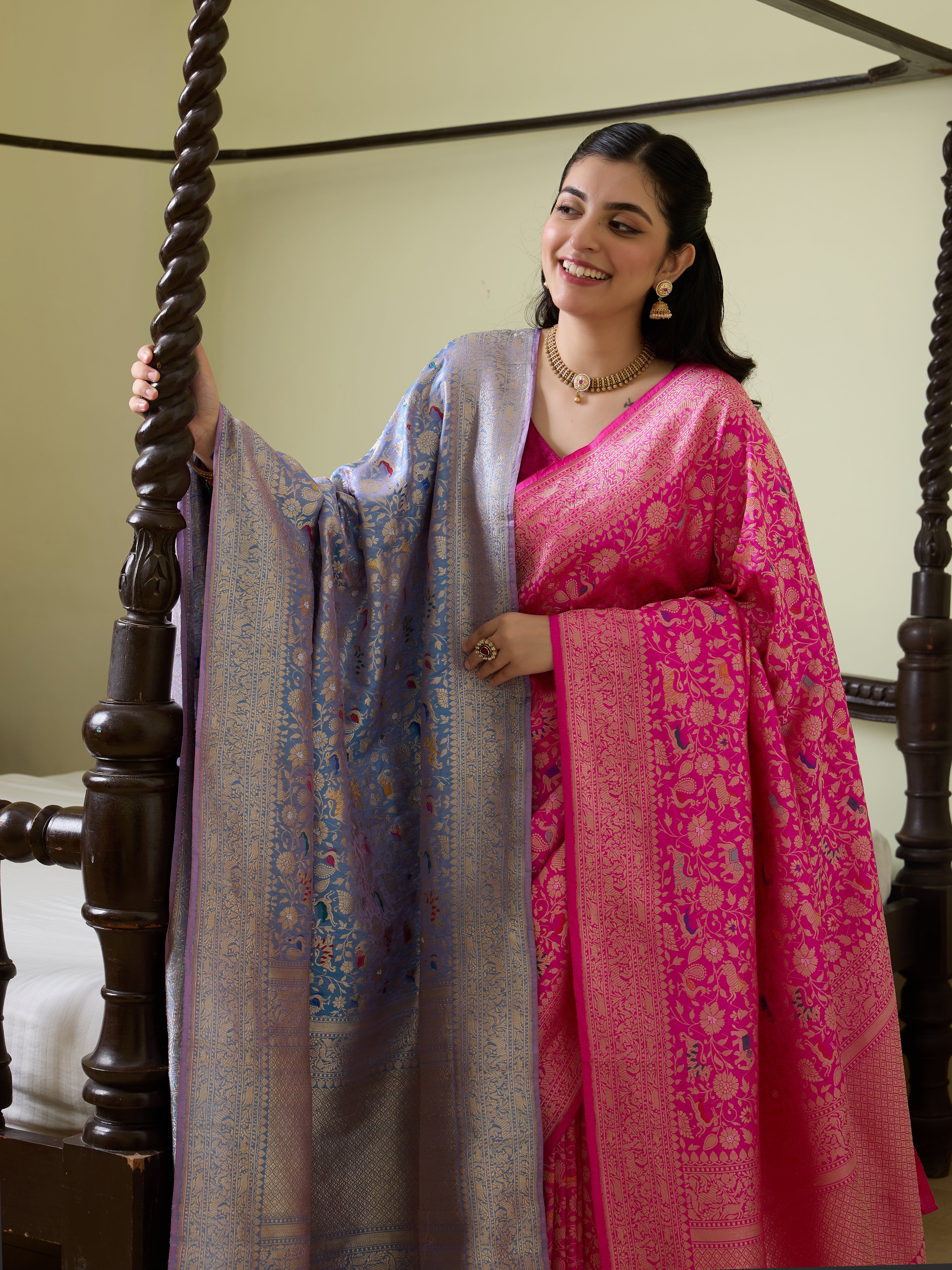 Handwoven Banarasi Katan Silk Shikargah Saree in Hot Pink
