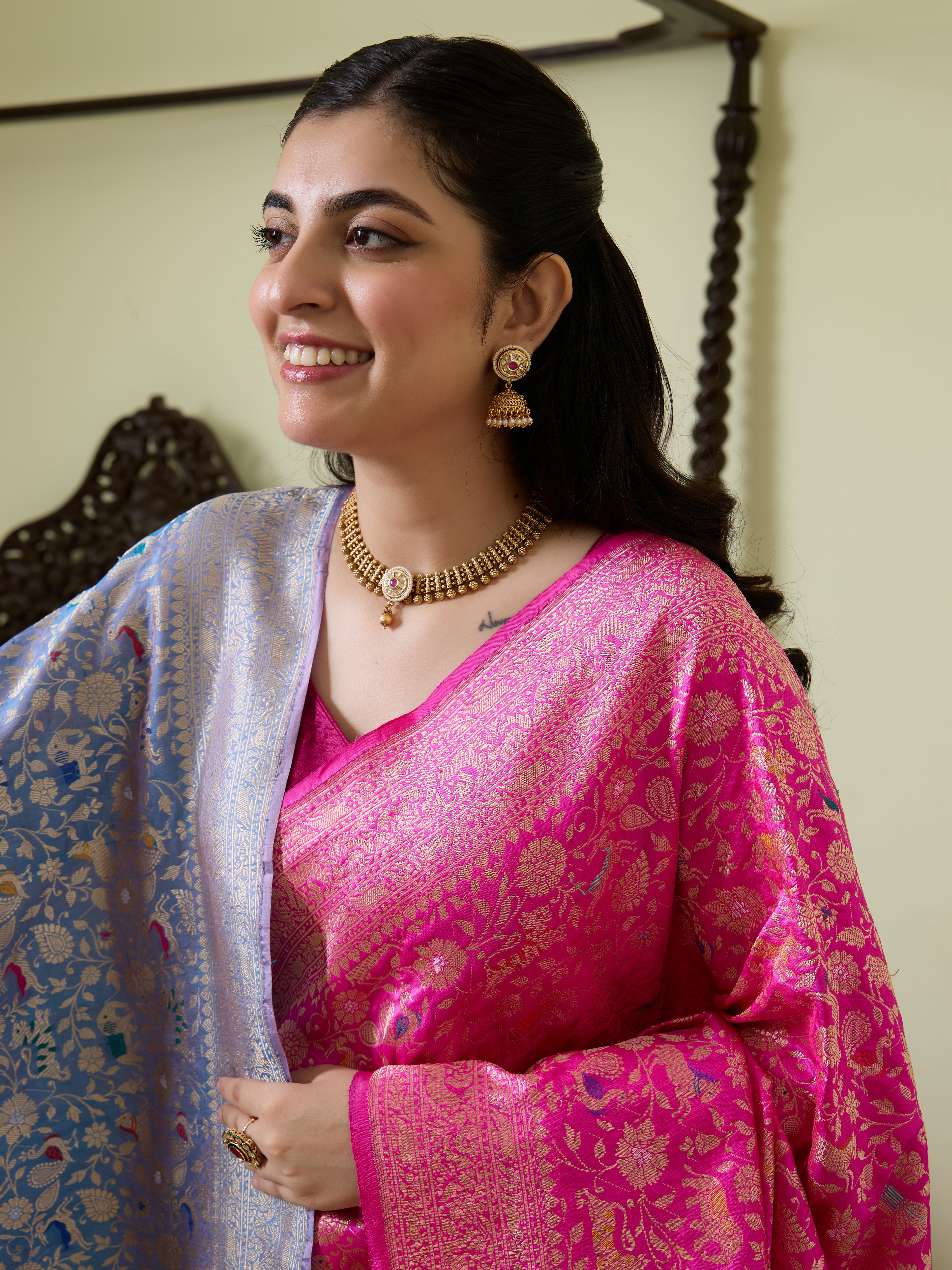 Handwoven Banarasi Katan Silk Shikargah Saree in Hot Pink