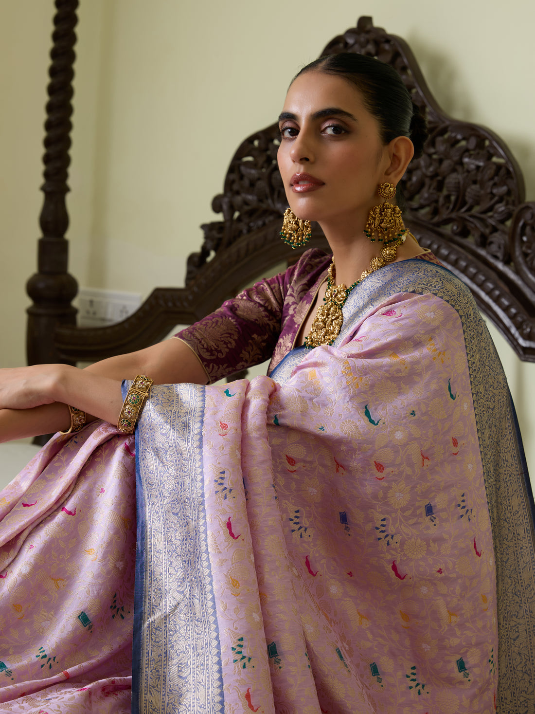 Handwoven Banarasi Katan Silk Shikargah Saree with Contrast Border in Purple