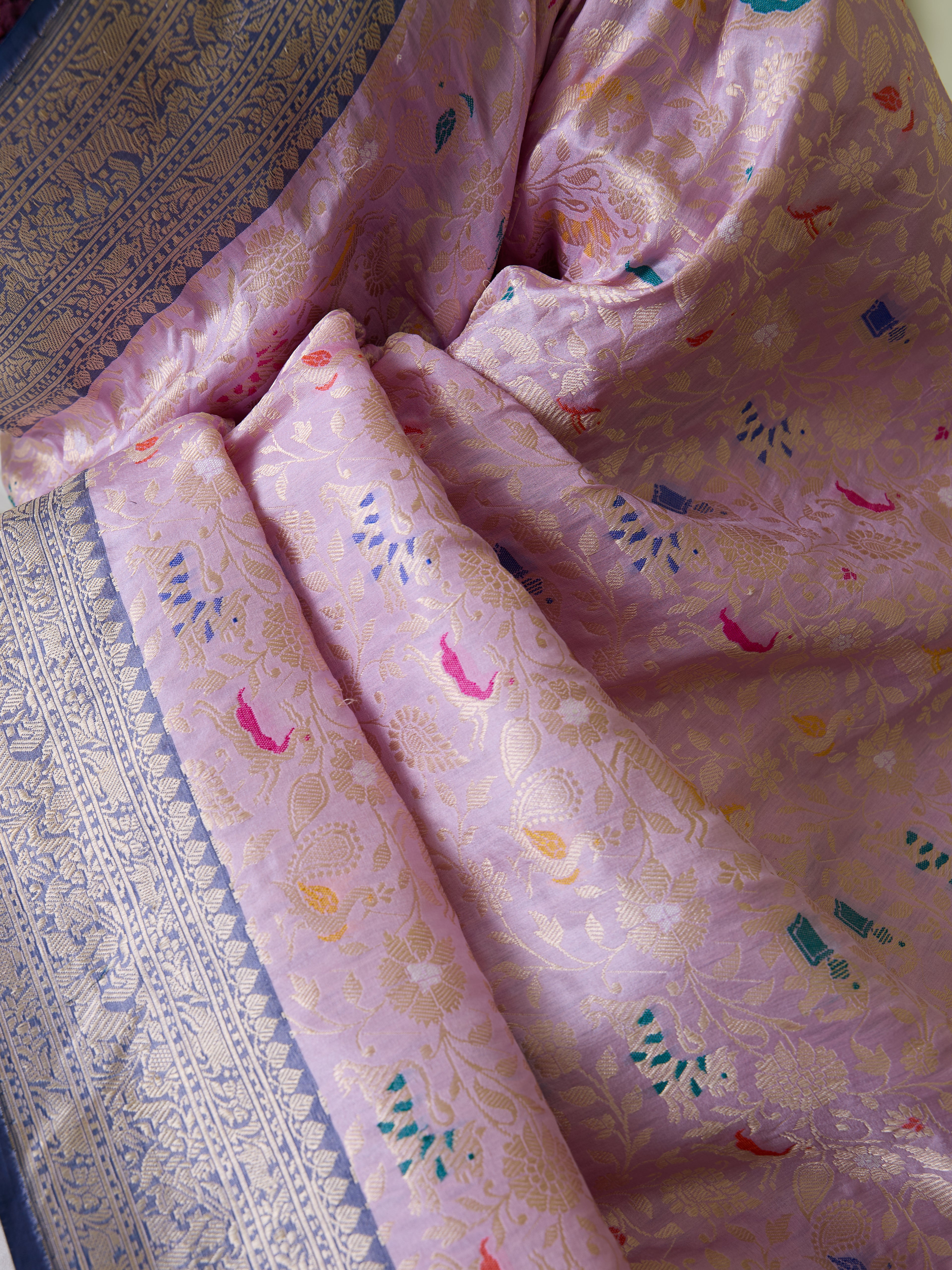 Handwoven Banarasi Katan Silk Shikargah Saree with Contrast Border in Purple