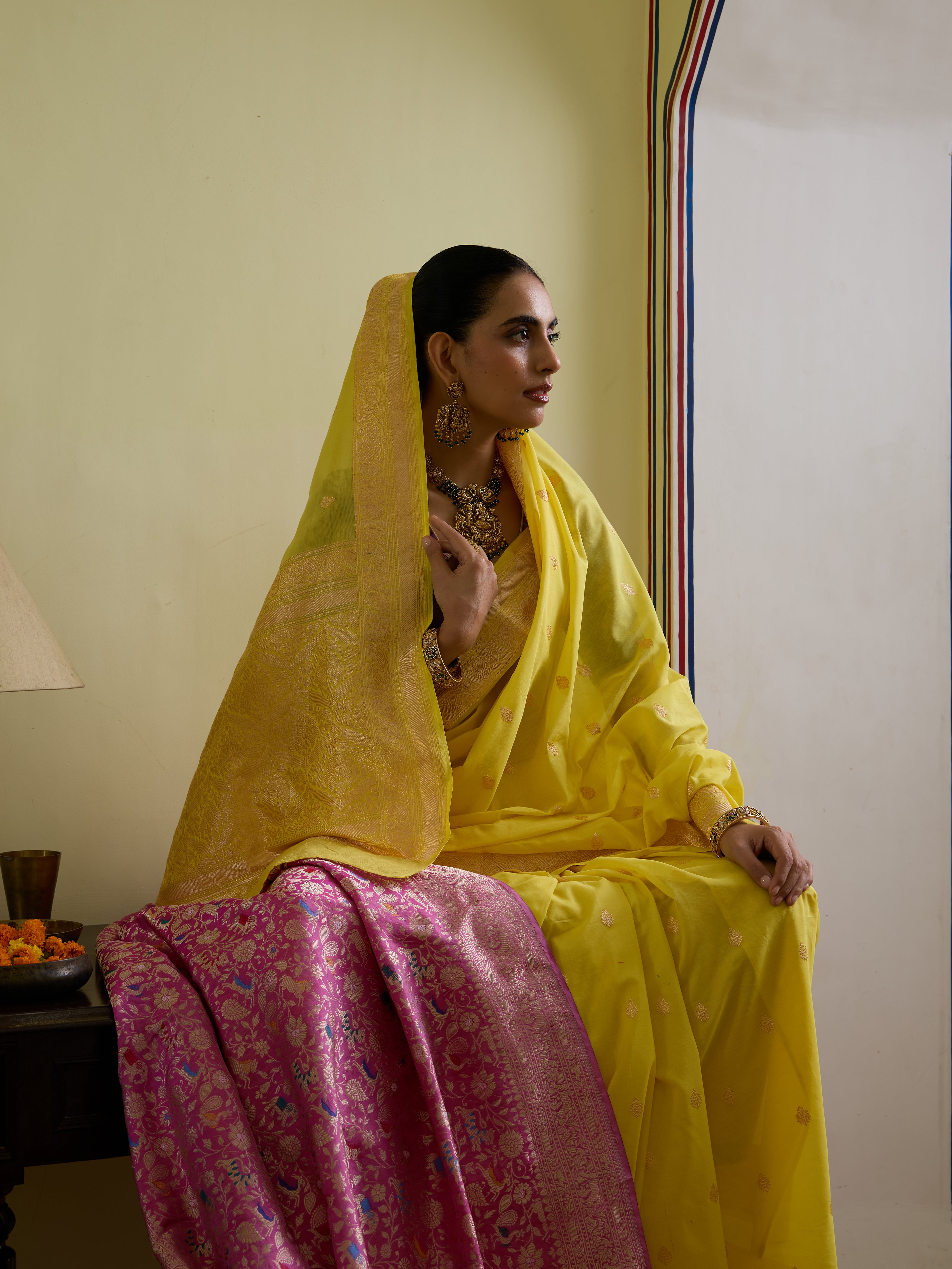 Cotton Kadwa Butidar Handwoven Banarasi Saree in Lemon Yellow