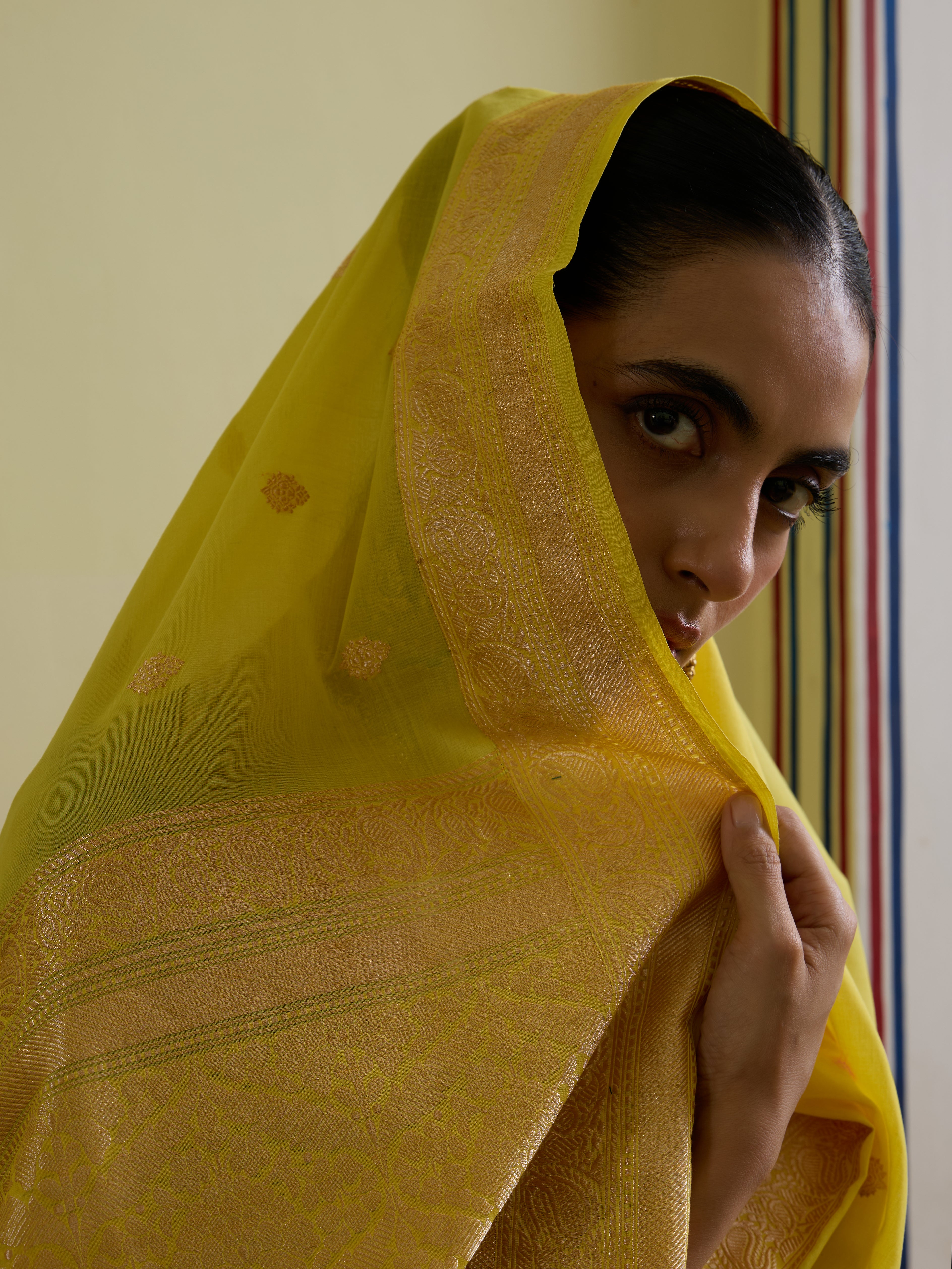 Cotton Kadwa Butidar Handwoven Banarasi Saree in Lemon Yellow