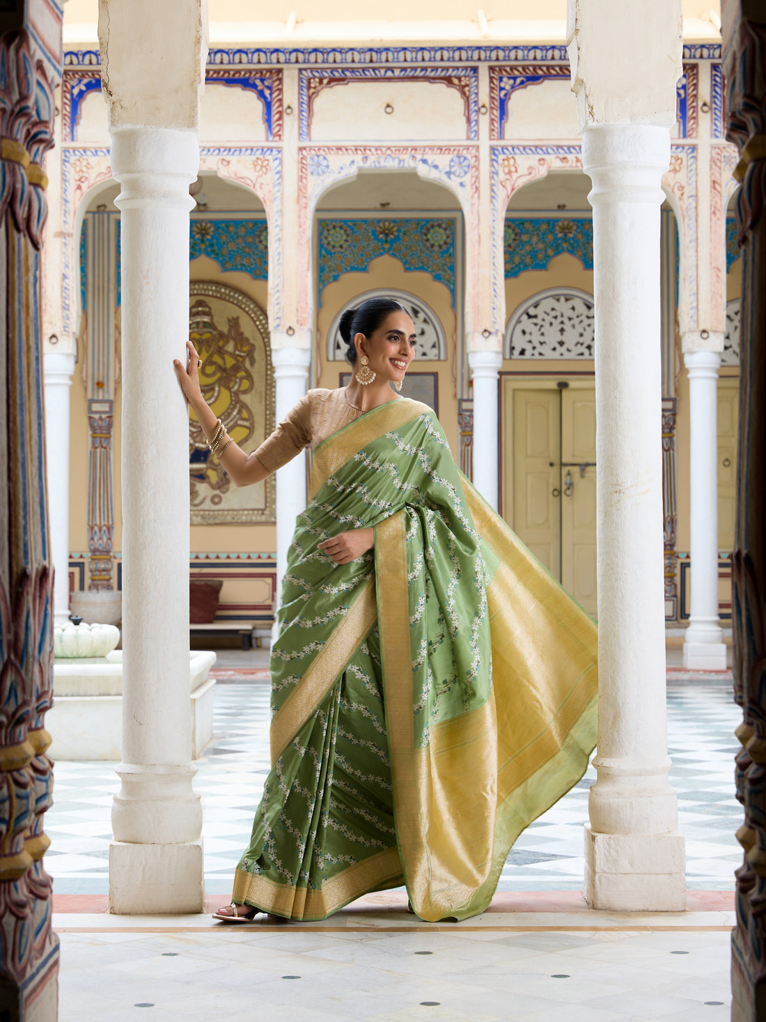 Katan Silk Kadwa Chameli Bel Handwoven Banarasi Saree in Sage Green