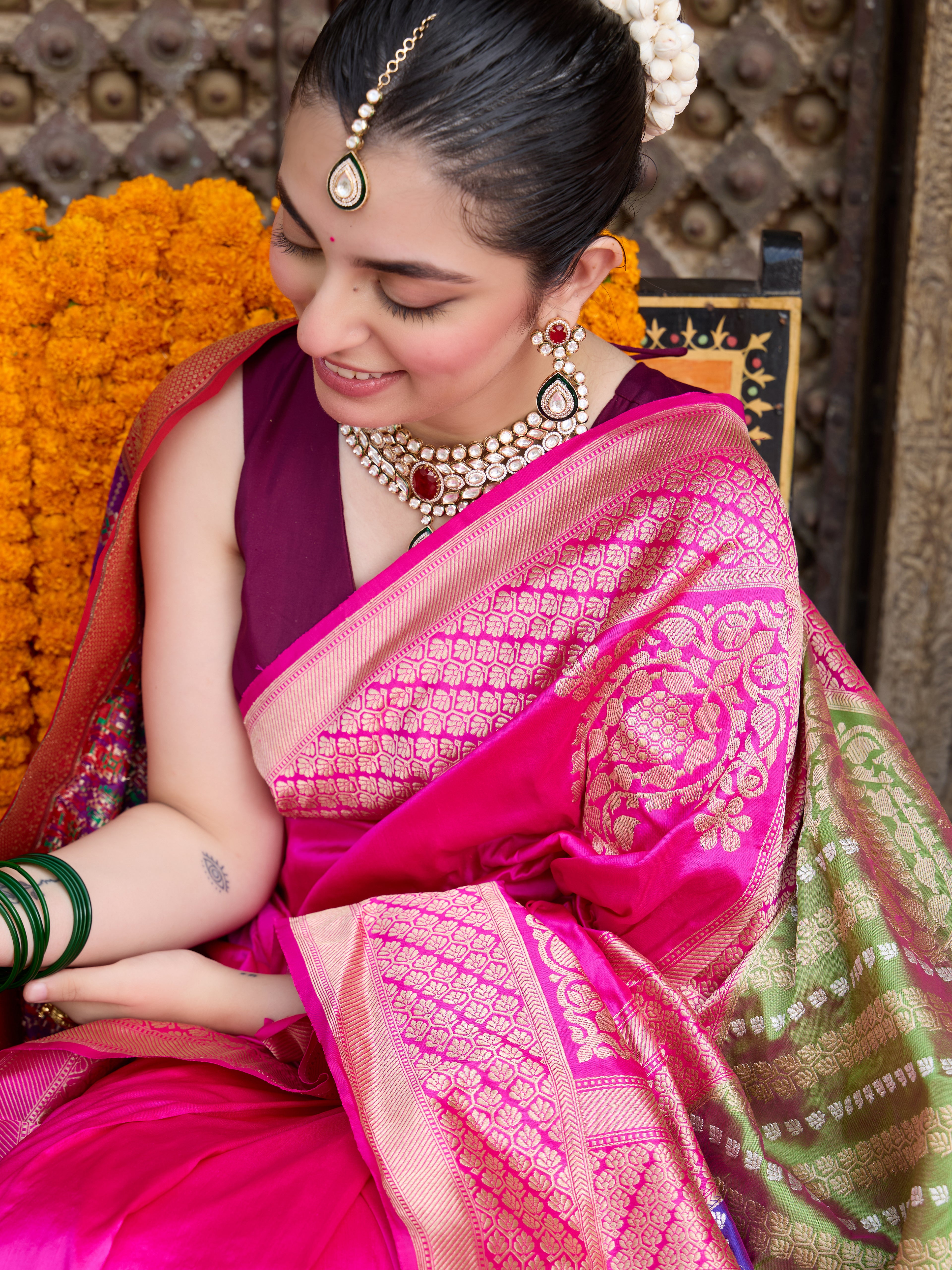 Handwoven Banarasi Katan Silk Chauki Rangkat Saree in Pink